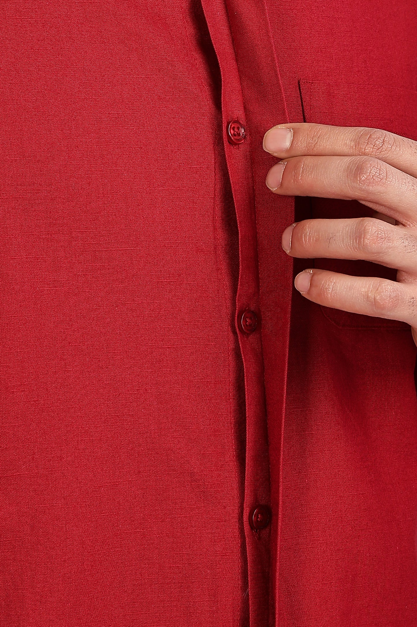 Red Mandarin Collar Linen Shirt