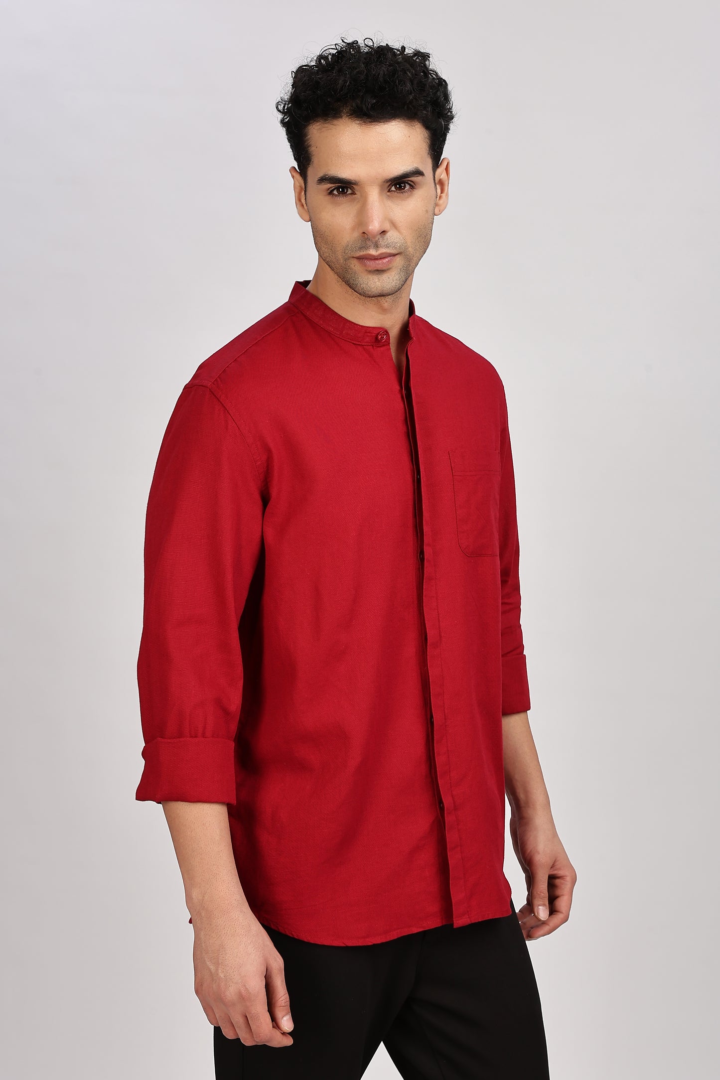 Red Mandarin Collar Linen Shirt