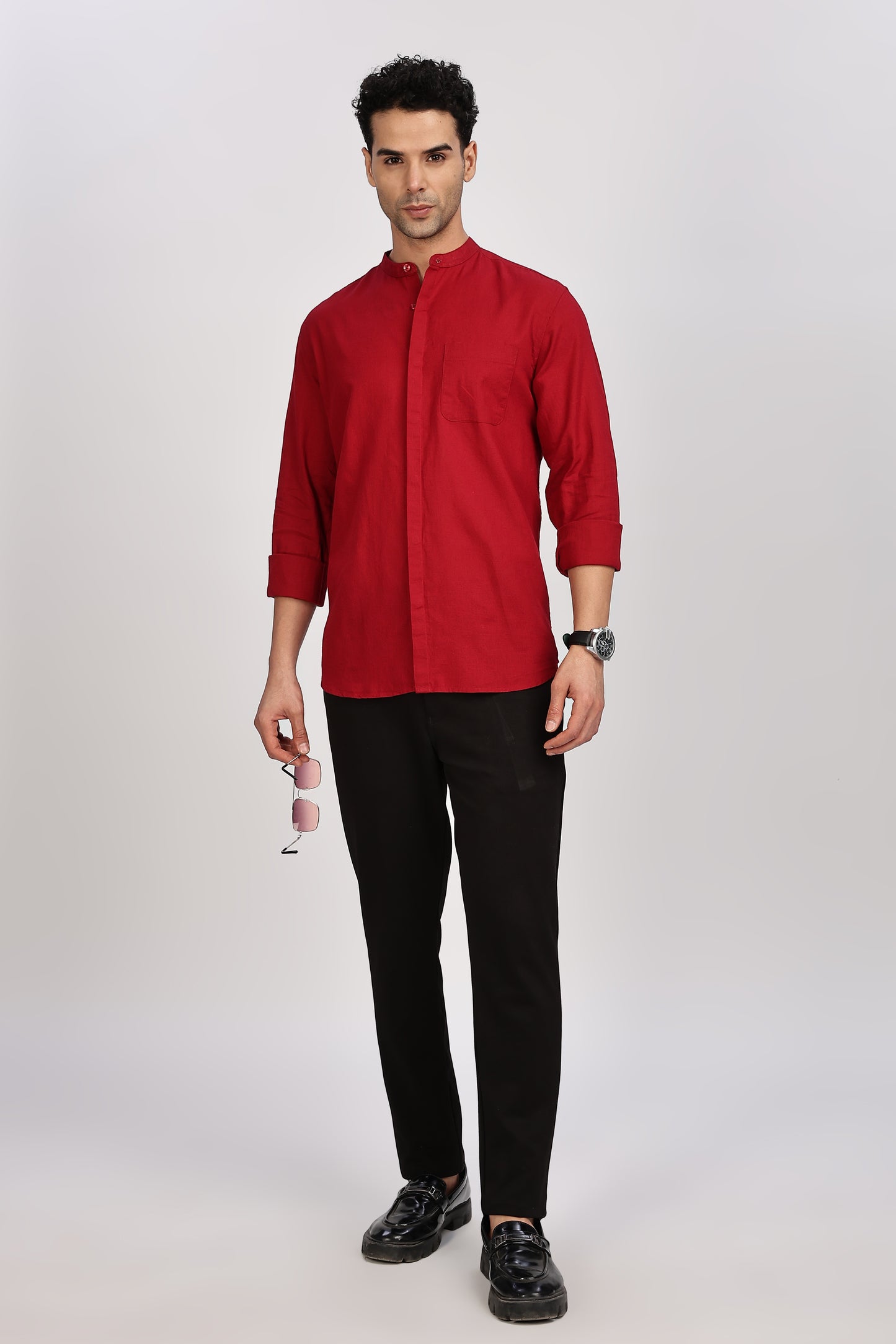 Red Mandarin Collar Linen Shirt