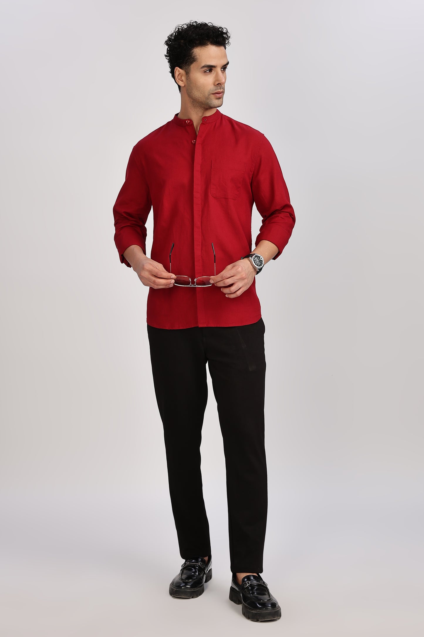 Red Mandarin Collar Linen Shirt