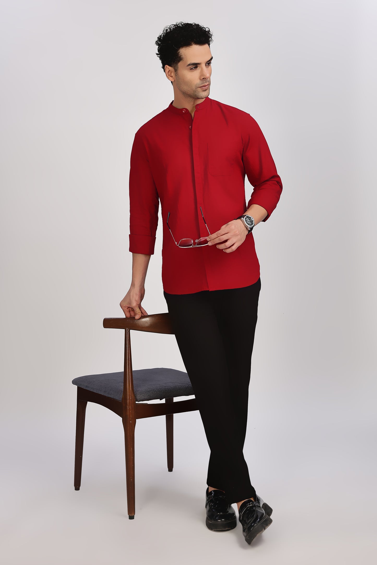 Red Mandarin Collar Linen Shirt