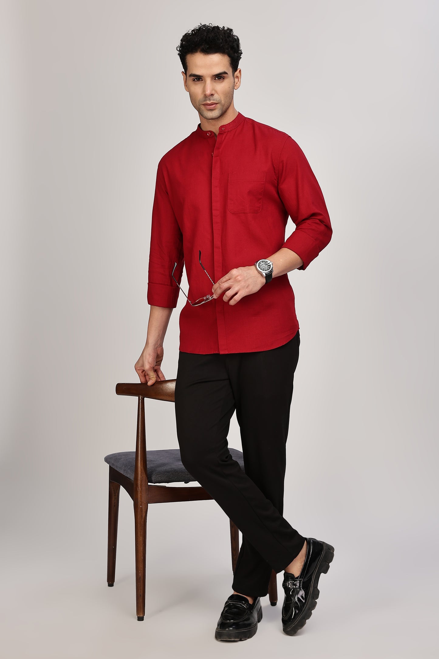 Red Mandarin Collar Linen Shirt