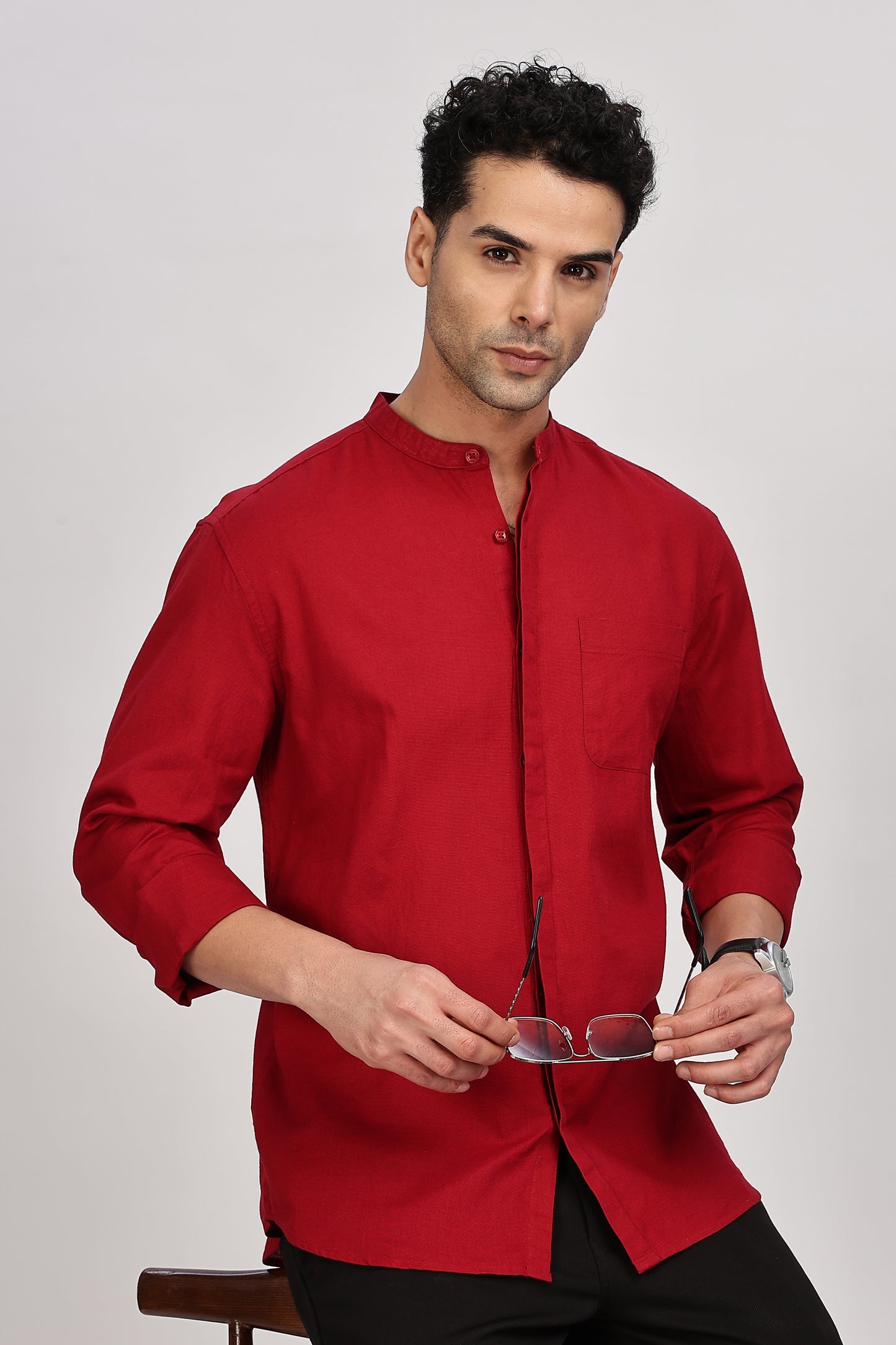 Red Mandarin Collar Linen Shirt