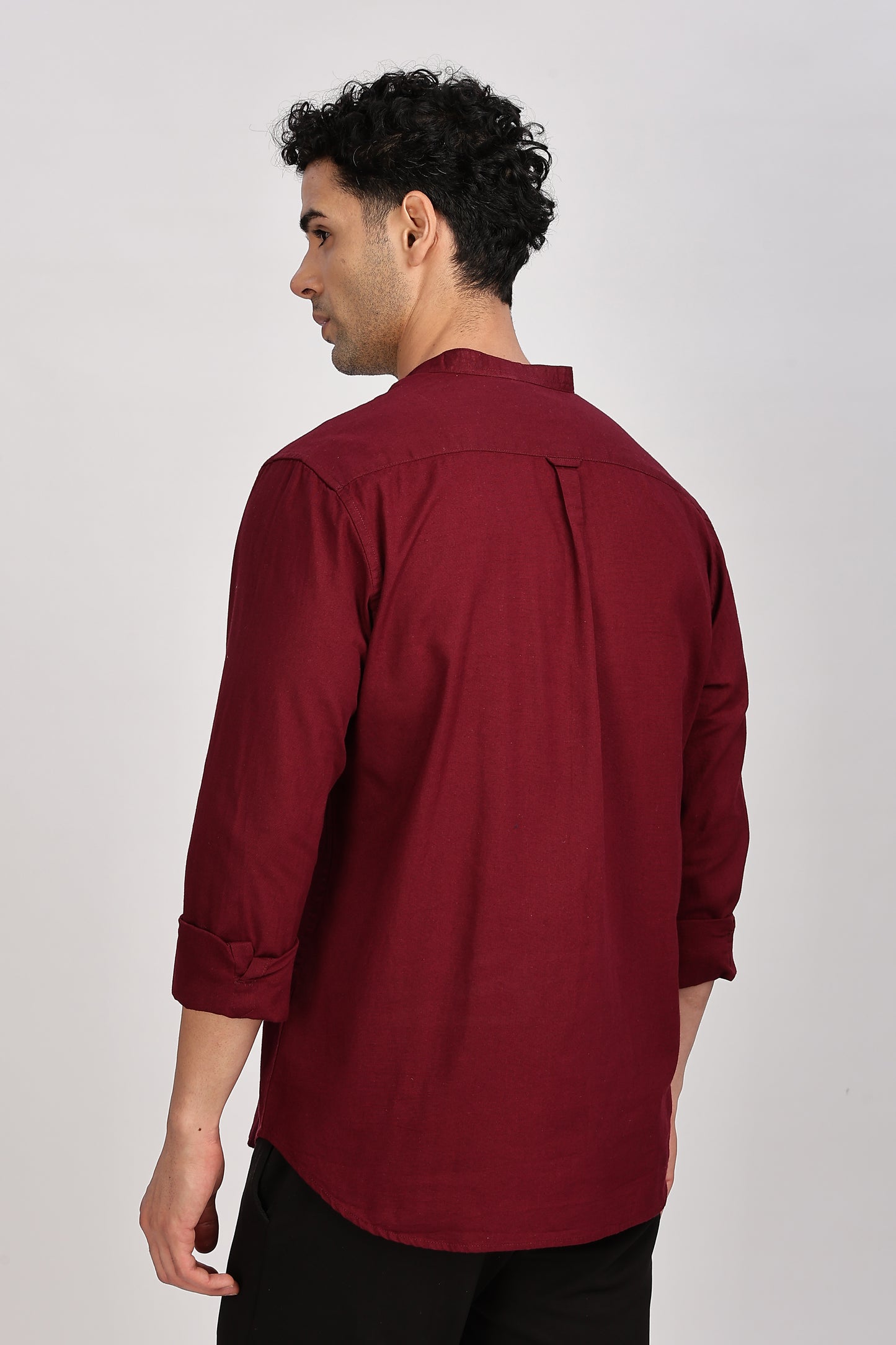 Maroon Mandarin Collar Linen Shirt