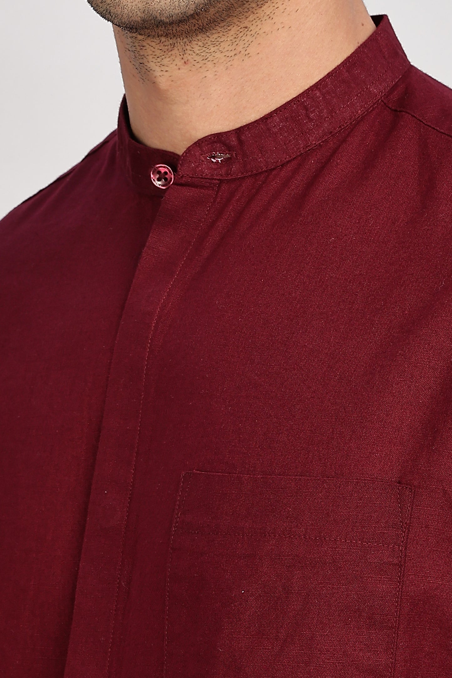 Maroon Mandarin Collar Linen Shirt
