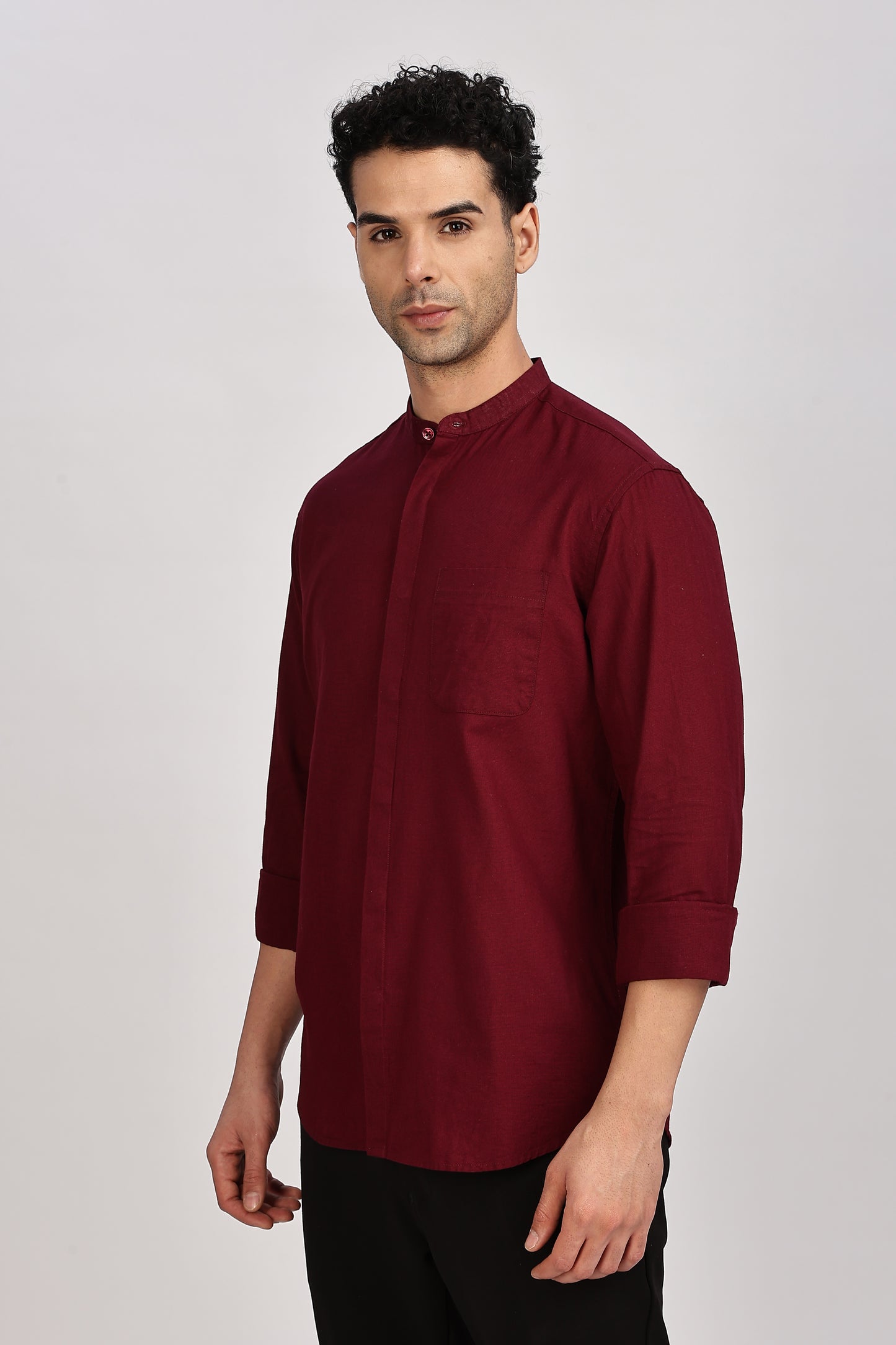 Maroon Mandarin Collar Linen Shirt