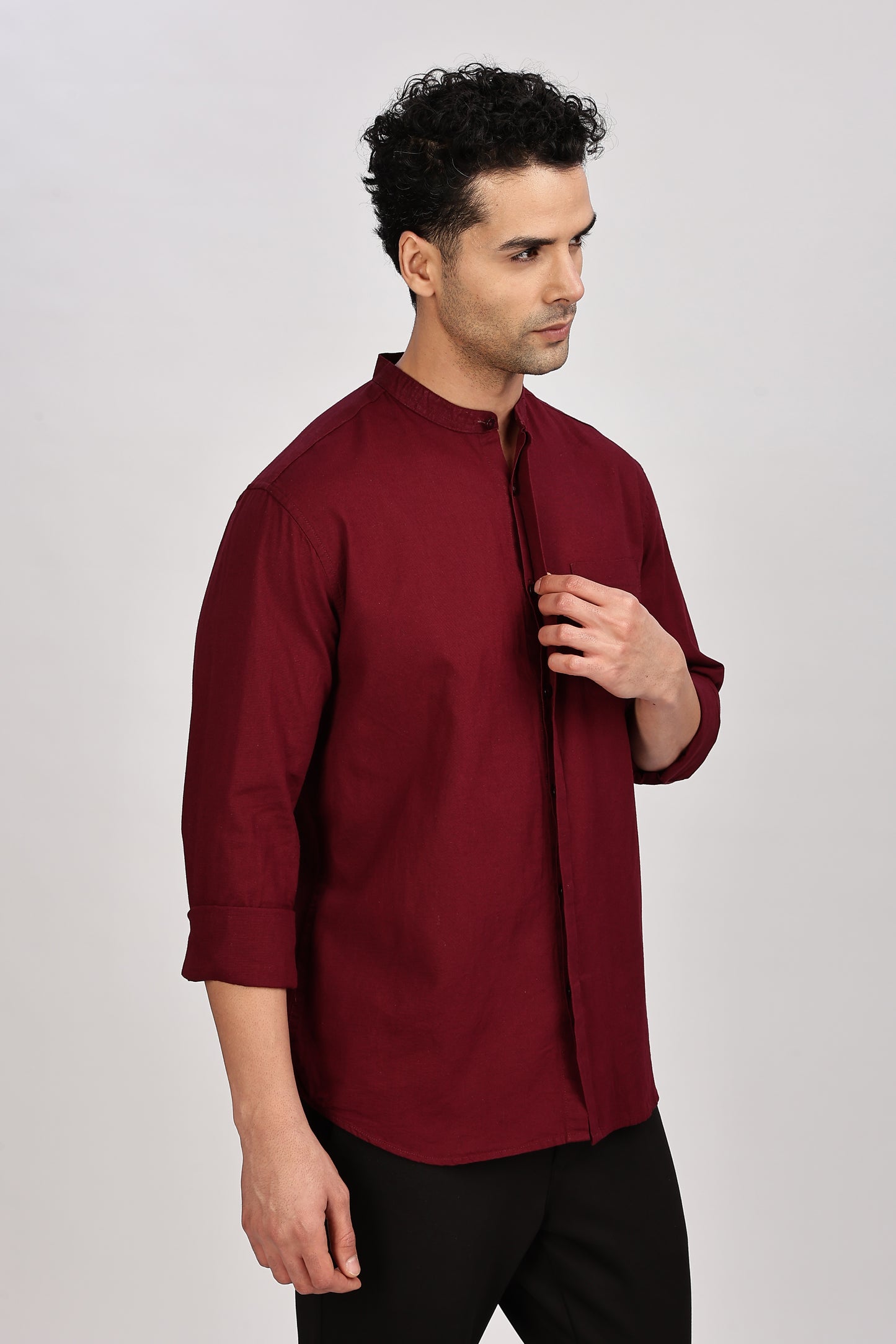 Maroon Mandarin Collar Linen Shirt