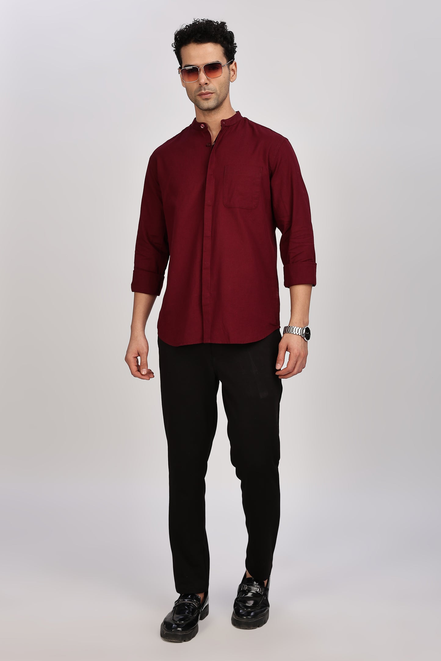Maroon Mandarin Collar Linen Shirt