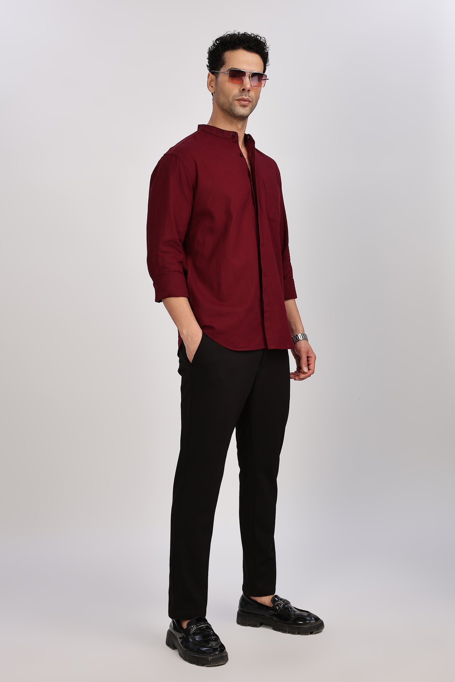 Maroon Mandarin Collar Linen Shirt