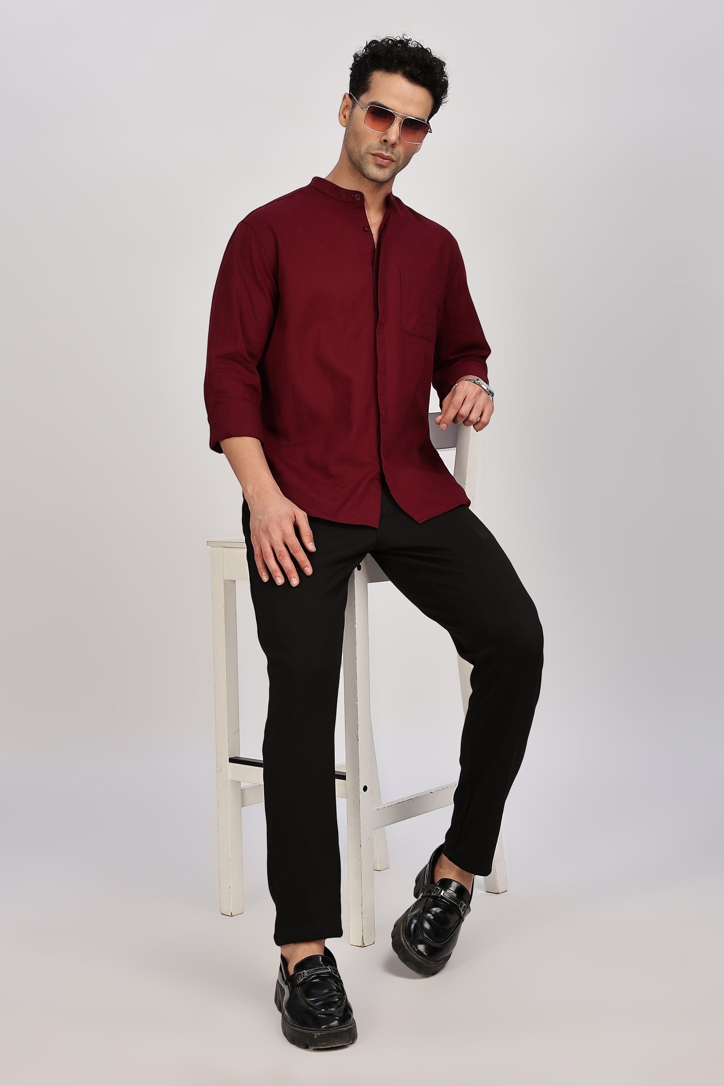 Maroon Mandarin Collar Linen Shirt