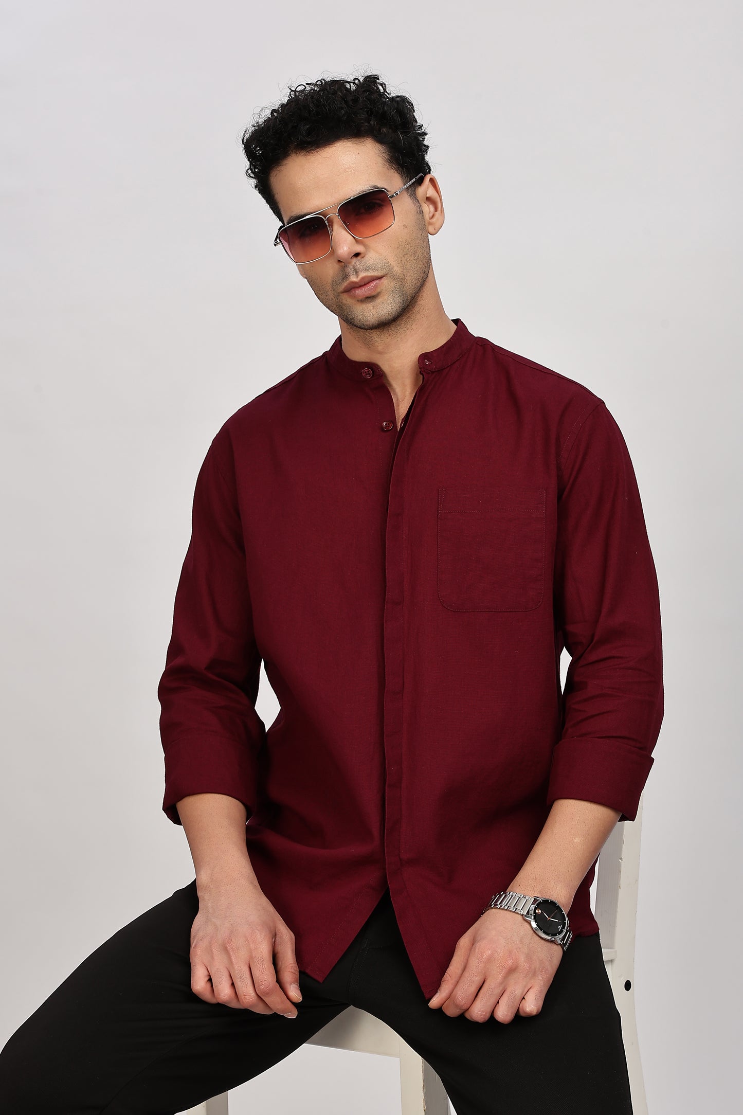 Maroon Mandarin Collar Linen Shirt