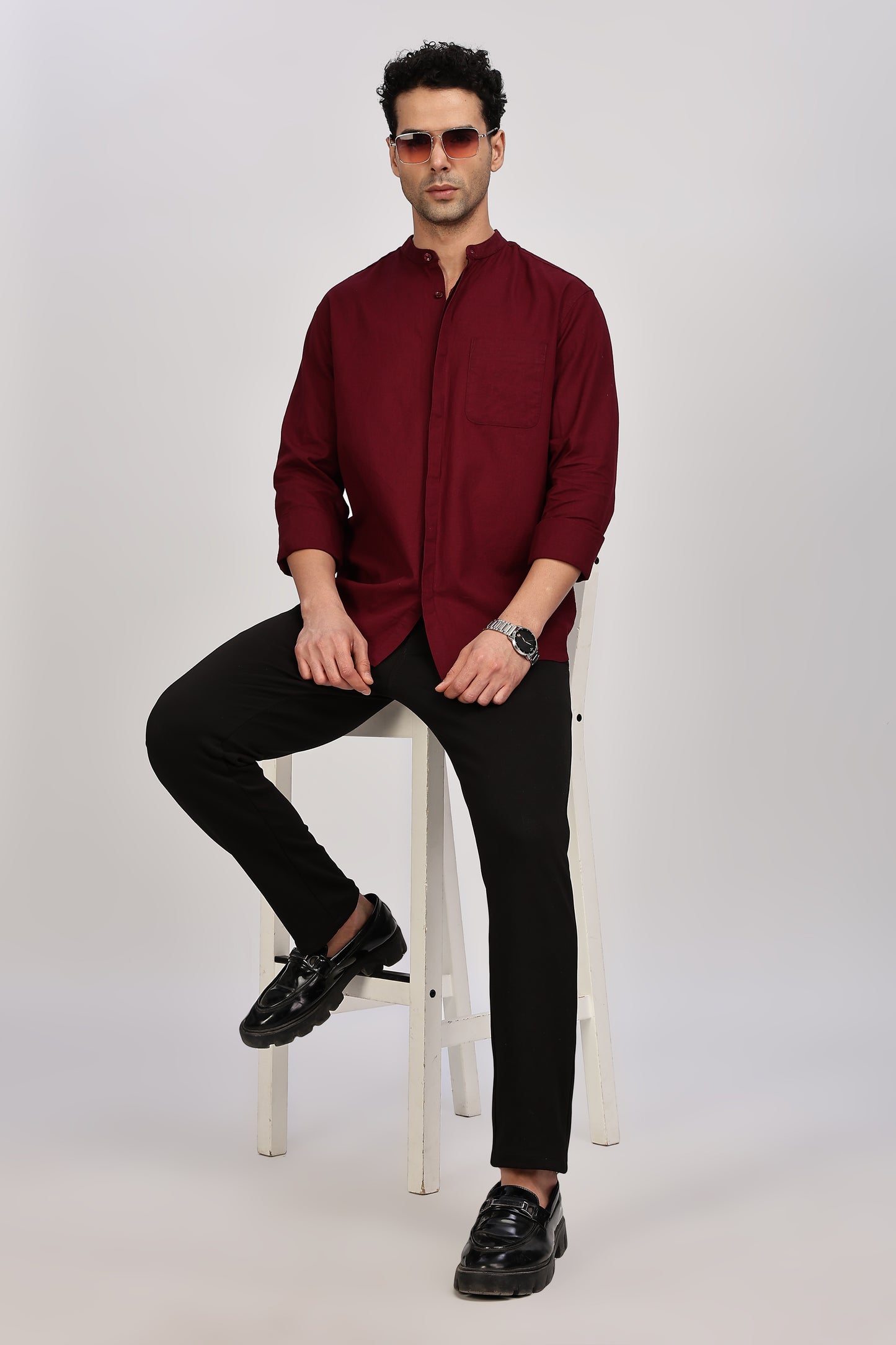 Maroon Mandarin Collar Linen Shirt