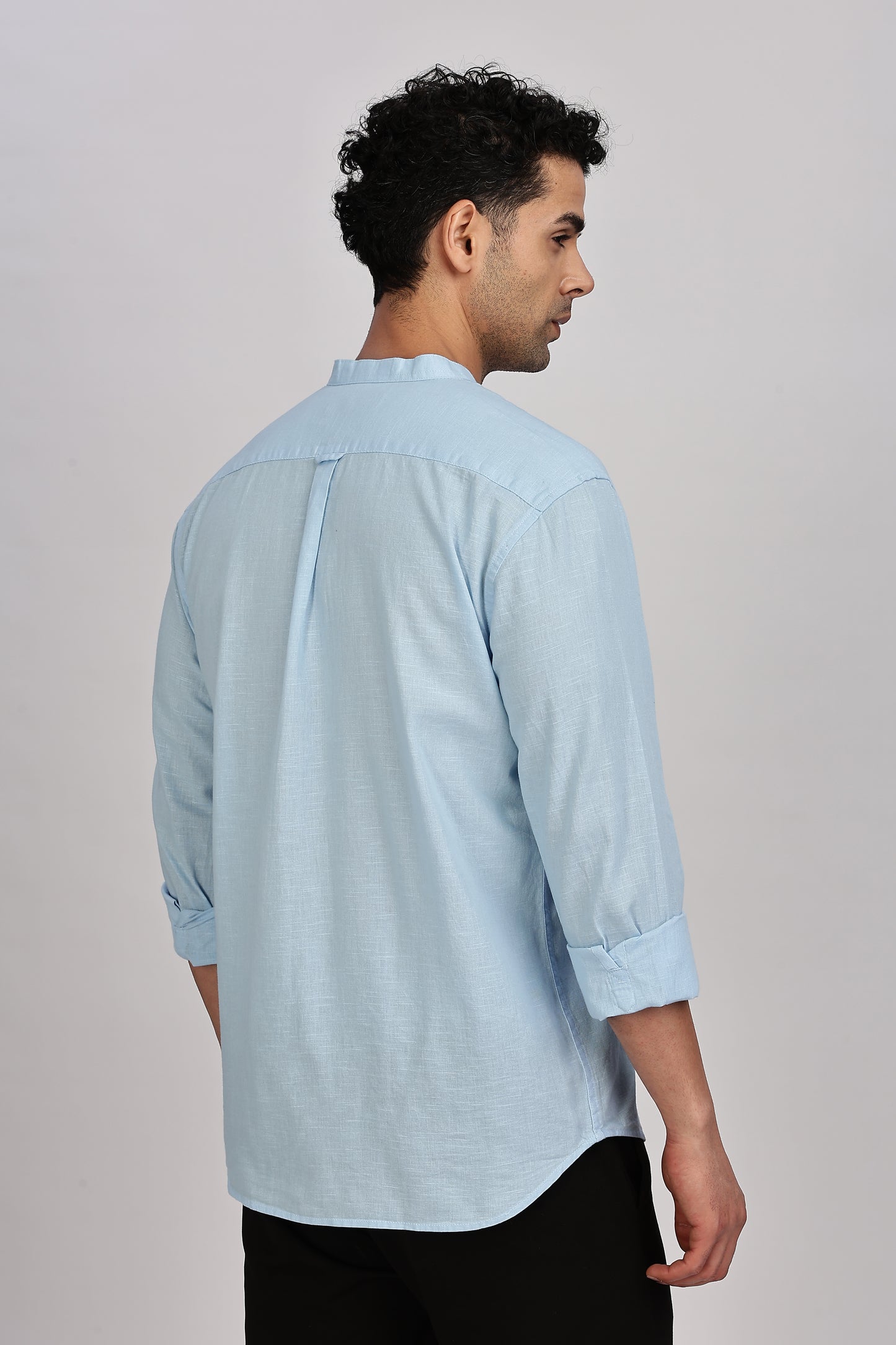 Light Blue Mandarin Collar Linen Shirt