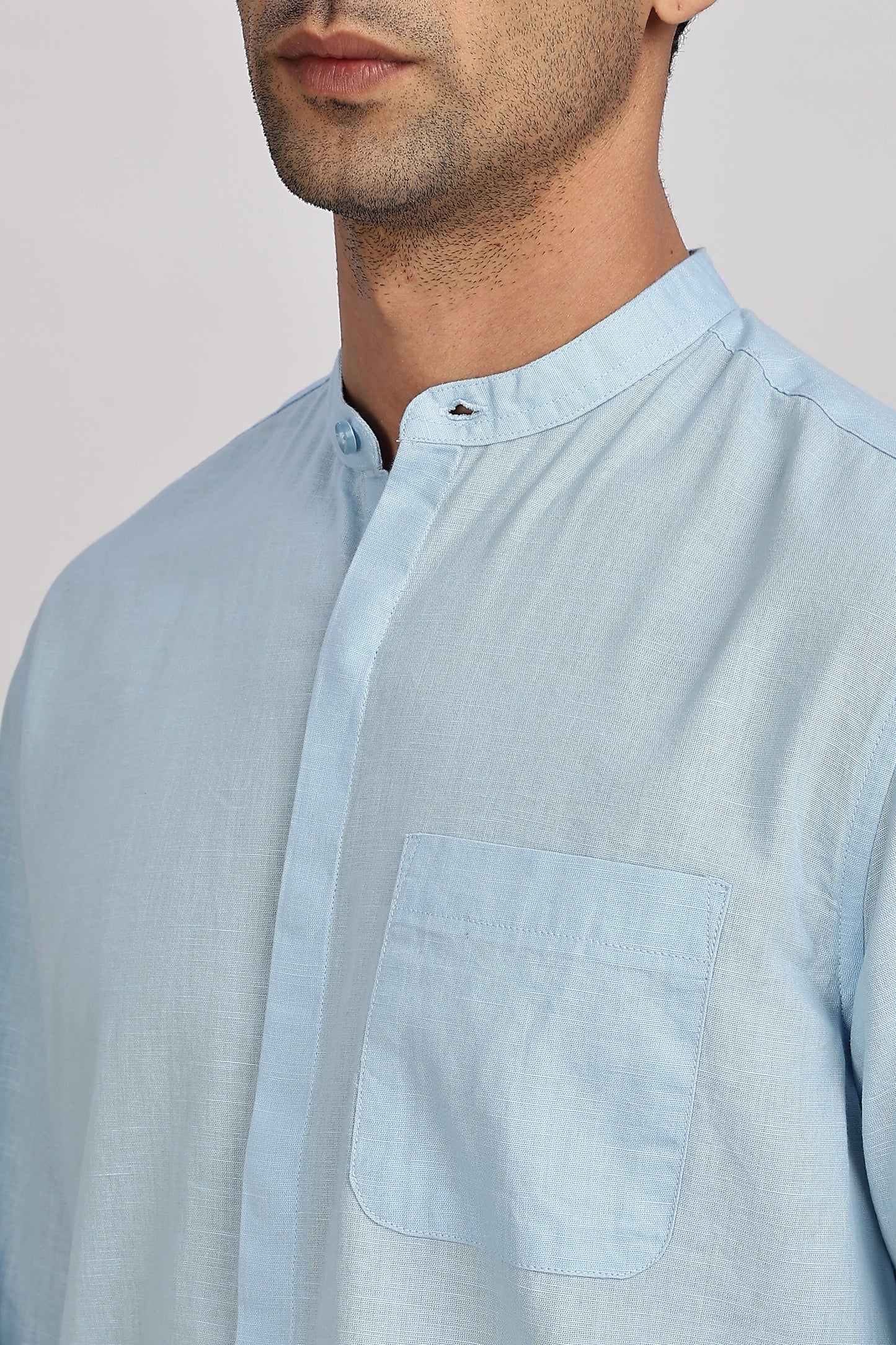 Light Blue Mandarin Collar Linen Shirt
