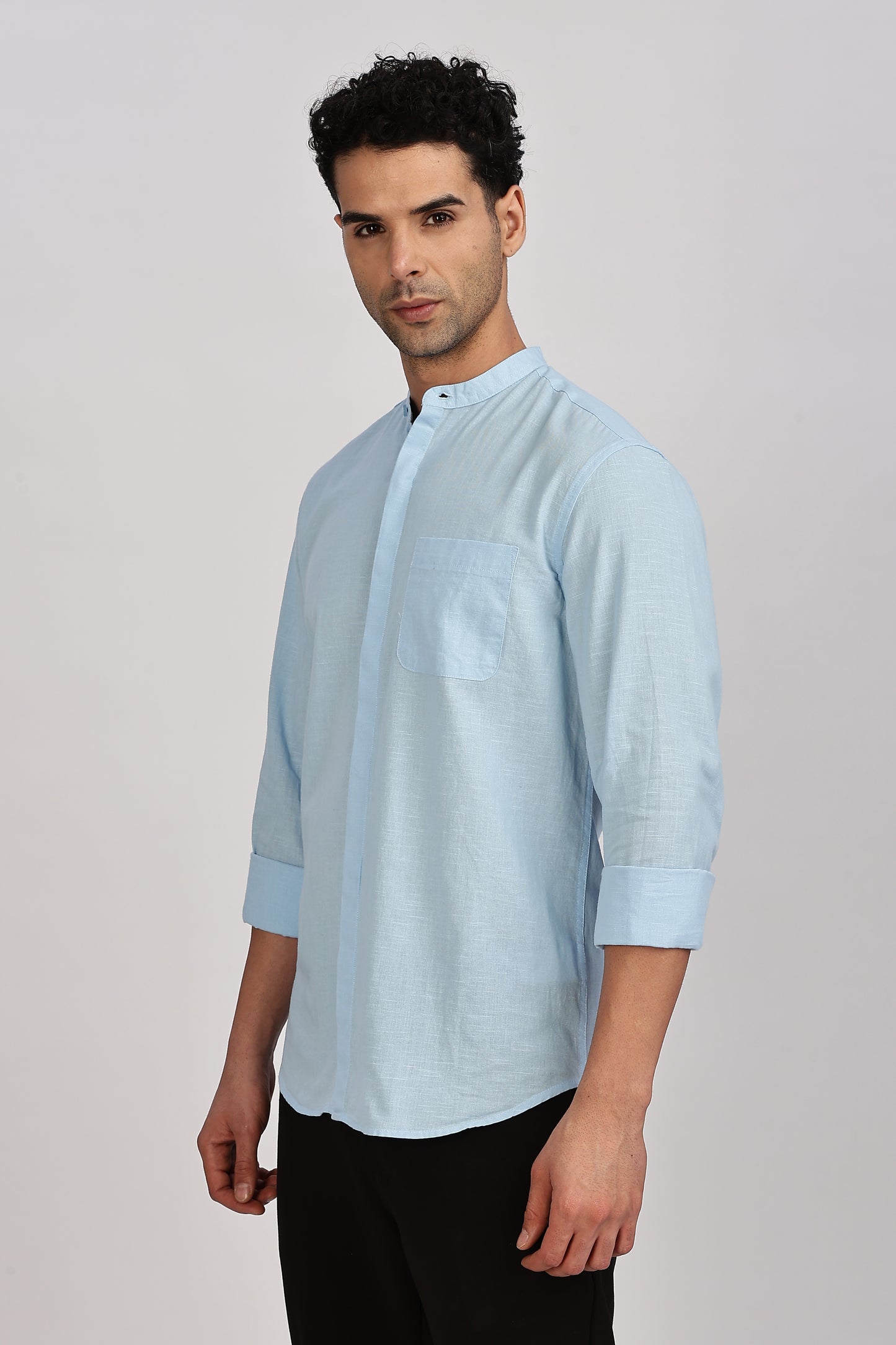 Light Blue Mandarin Collar Linen Shirt