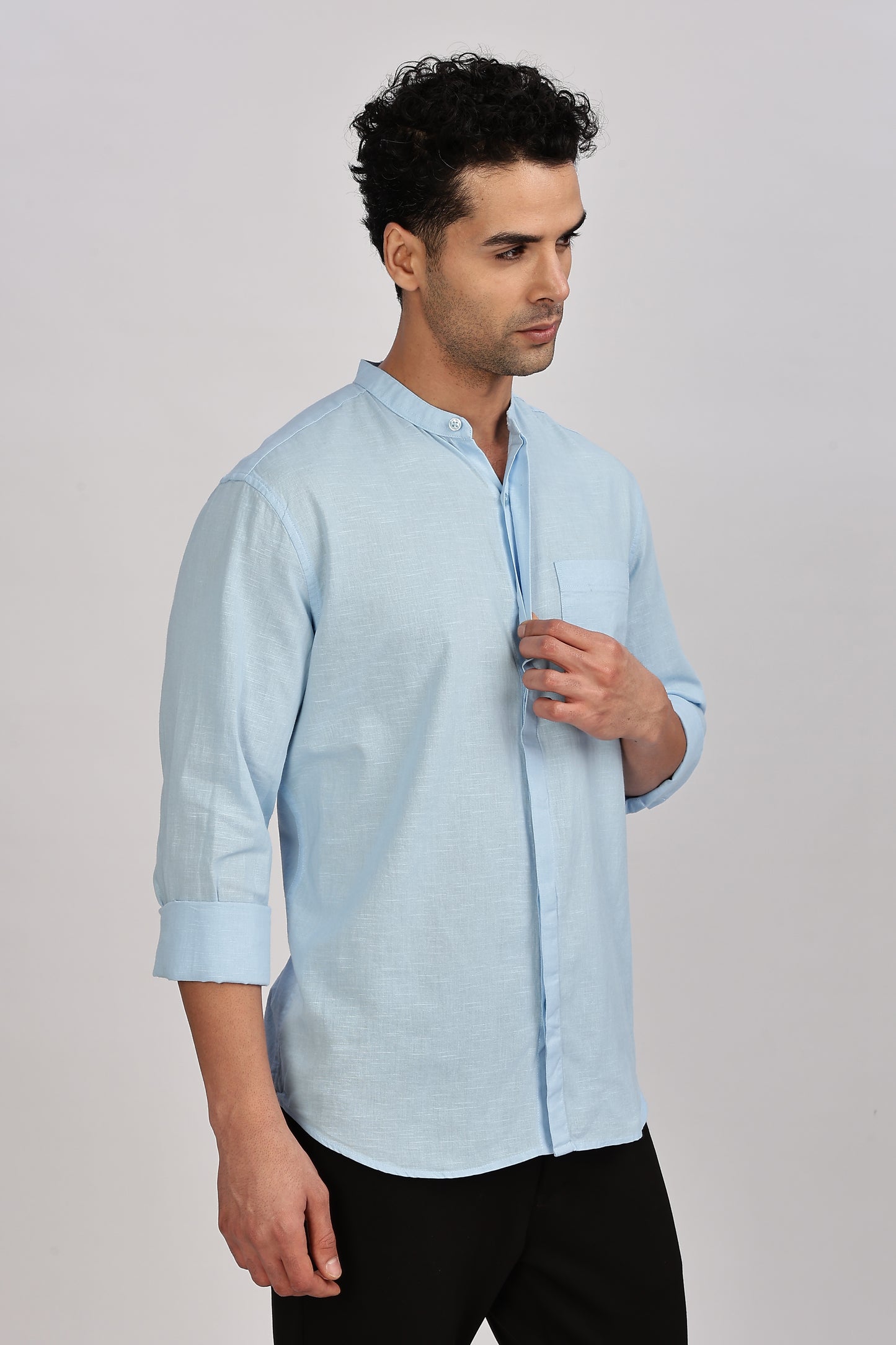 Light Blue Mandarin Collar Linen Shirt