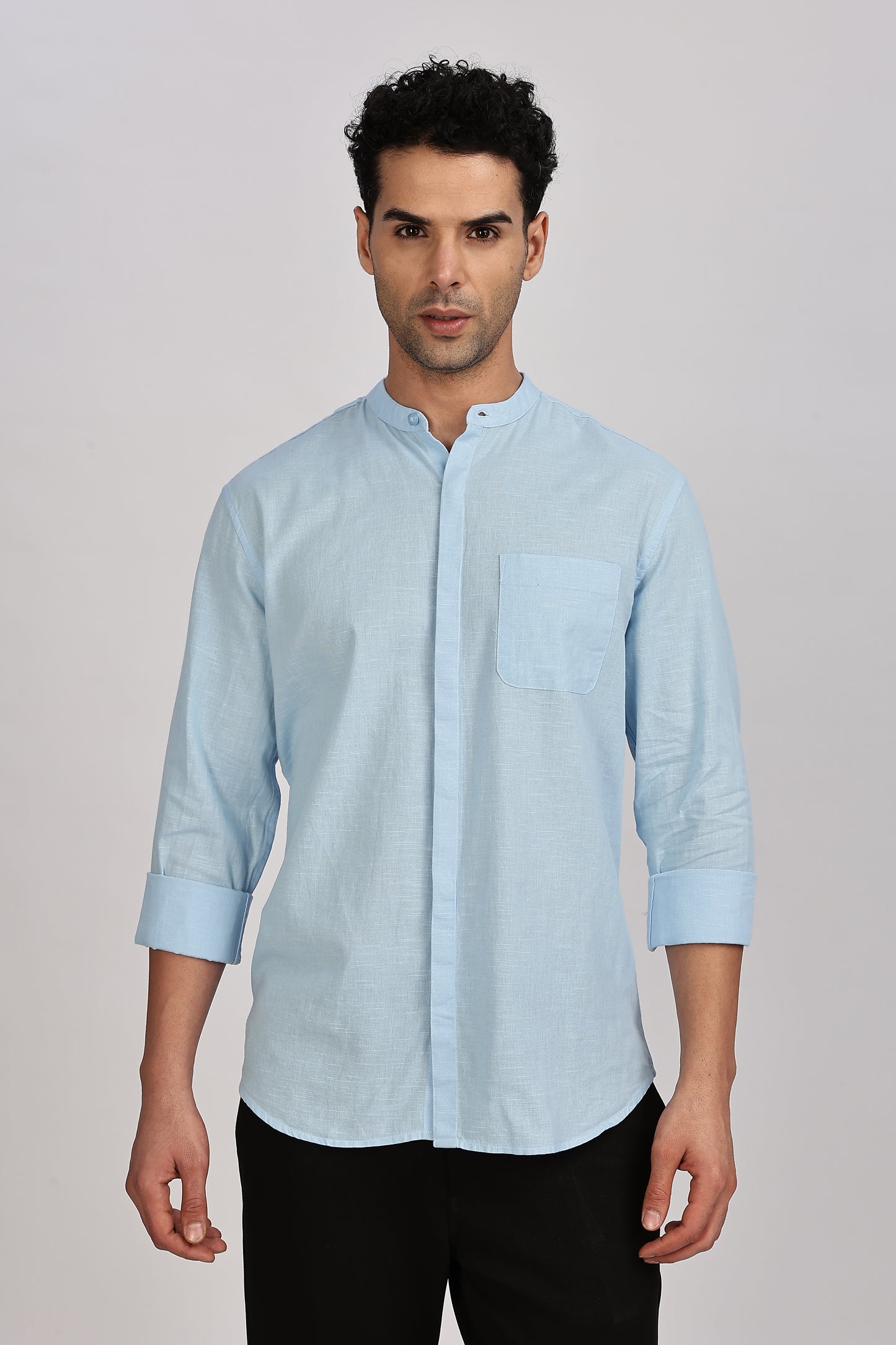 Light Blue Mandarin Collar Linen Shirt