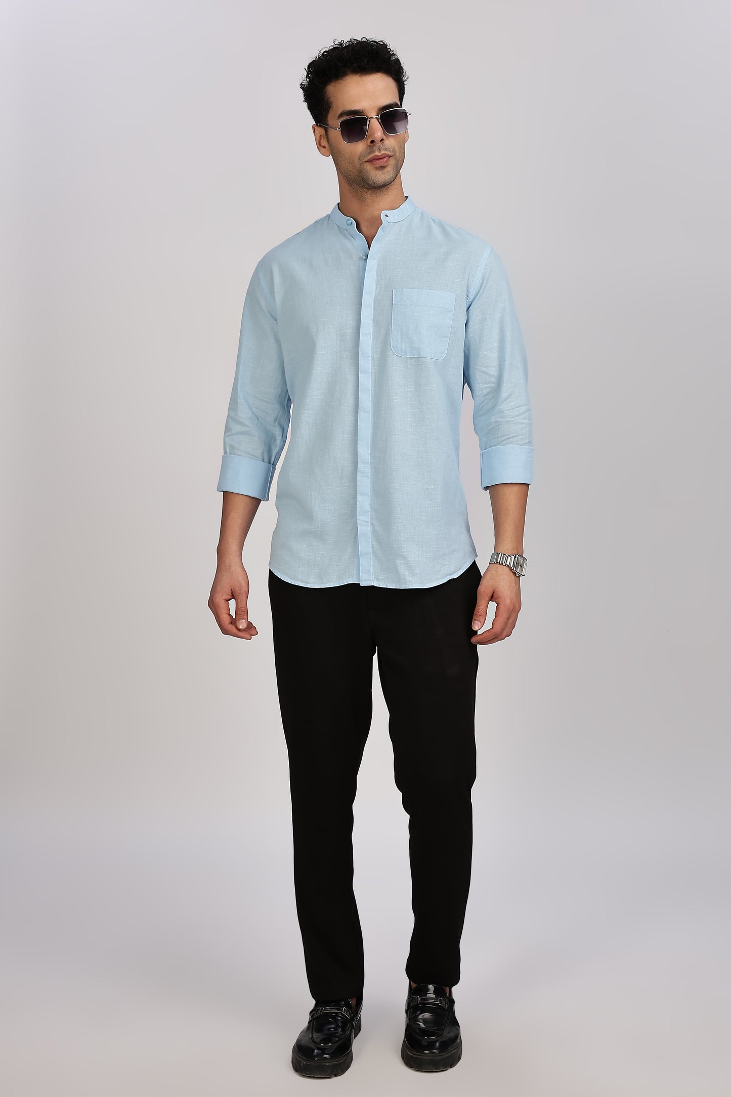 Light Blue Mandarin Collar Linen Shirt
