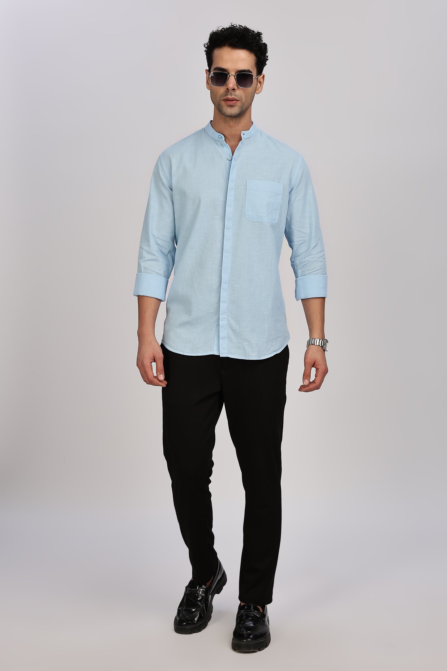 Light Blue Mandarin Collar Linen Shirt