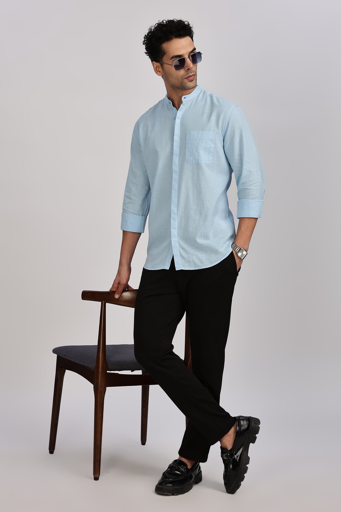 Light Blue Mandarin Collar Linen Shirt