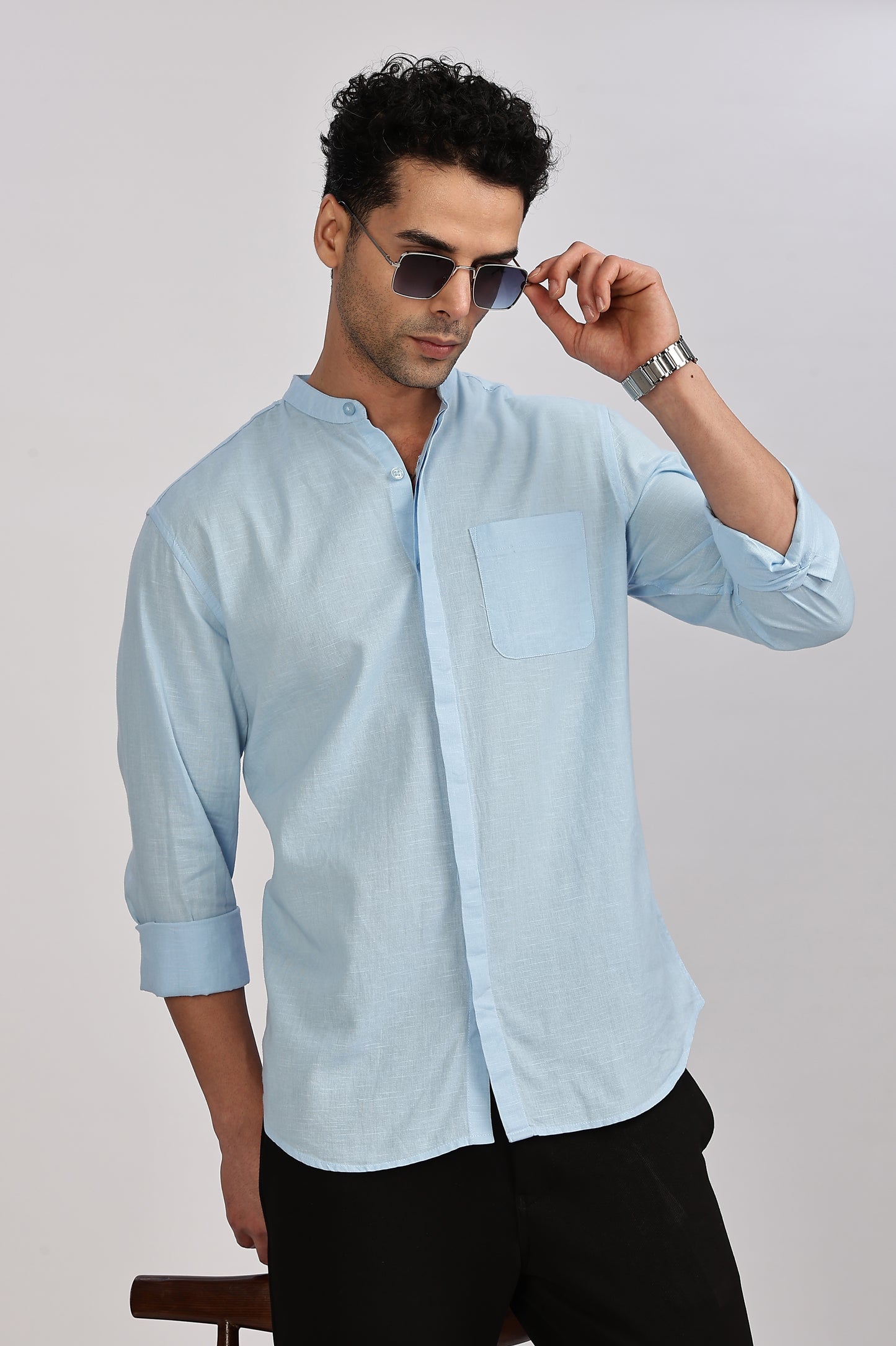 Light Blue Mandarin Collar Linen Shirt