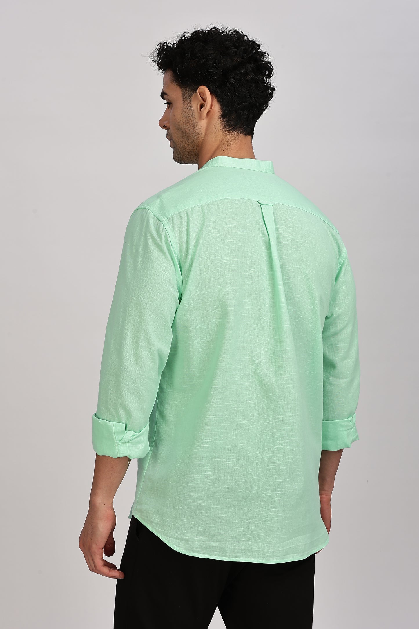 Sea Green Mandarin Collar Linen Shirt