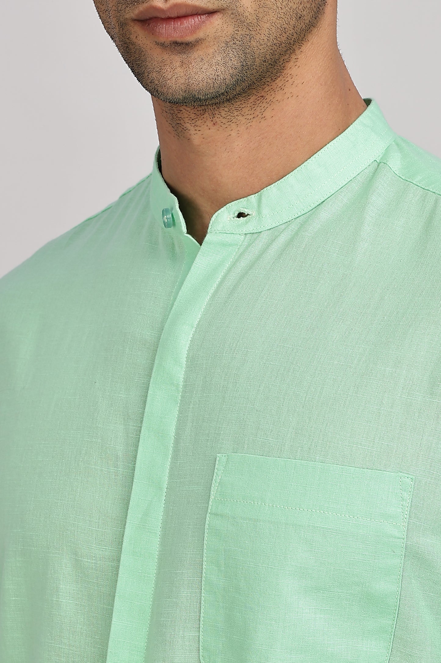 Sea Green Mandarin Collar Linen Shirt