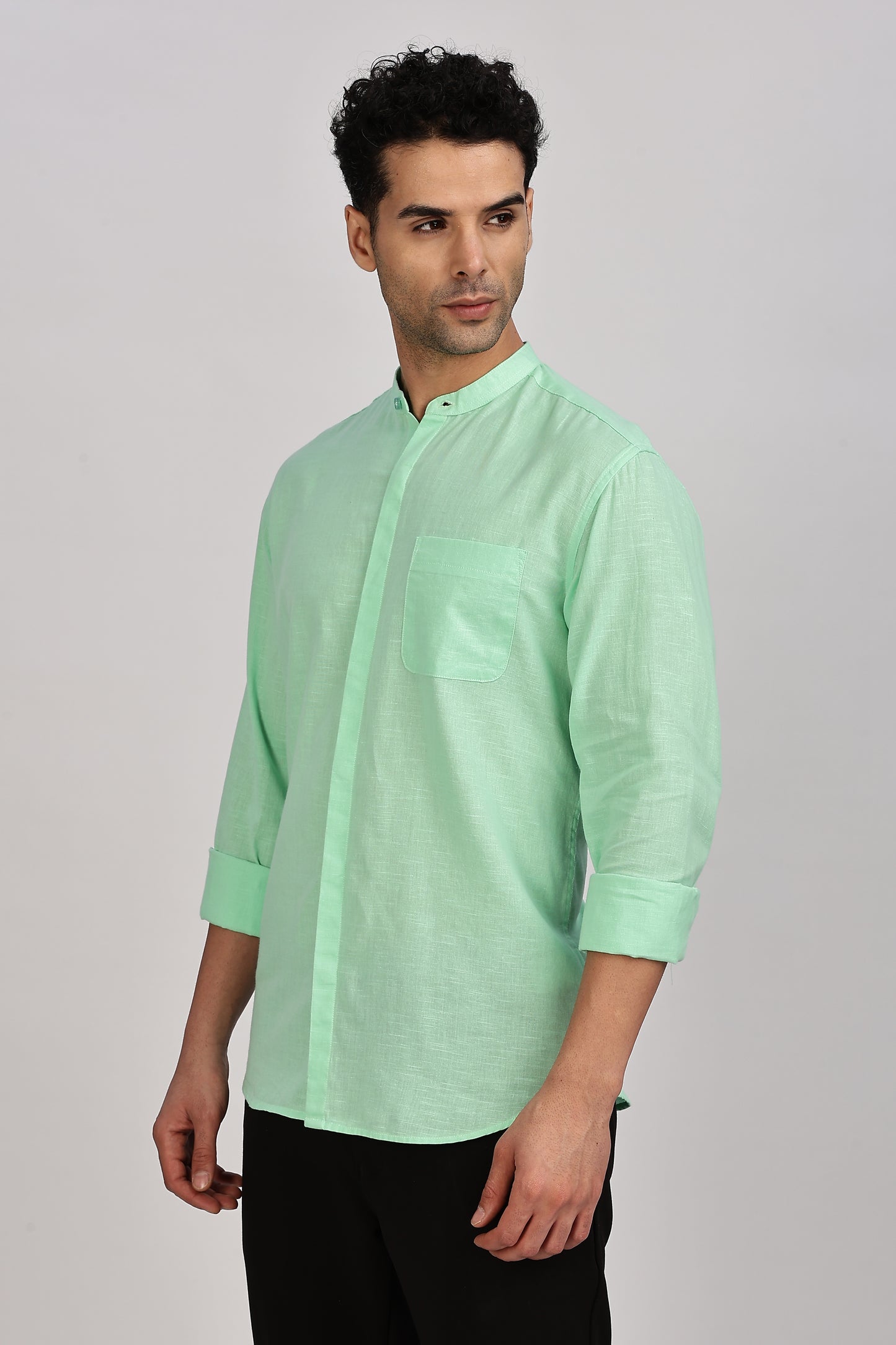 Sea Green Mandarin Collar Linen Shirt