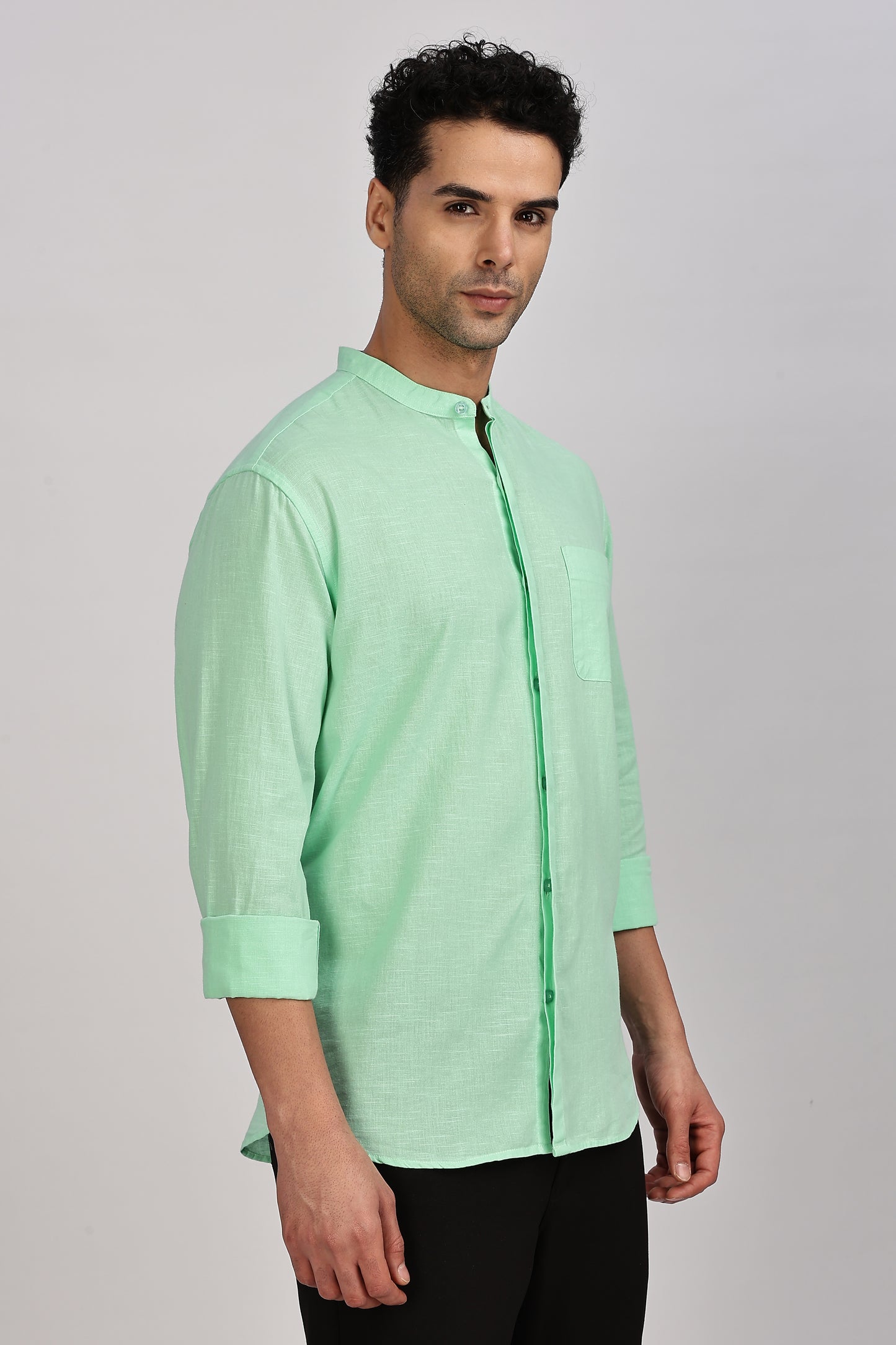 Sea Green Mandarin Collar Linen Shirt