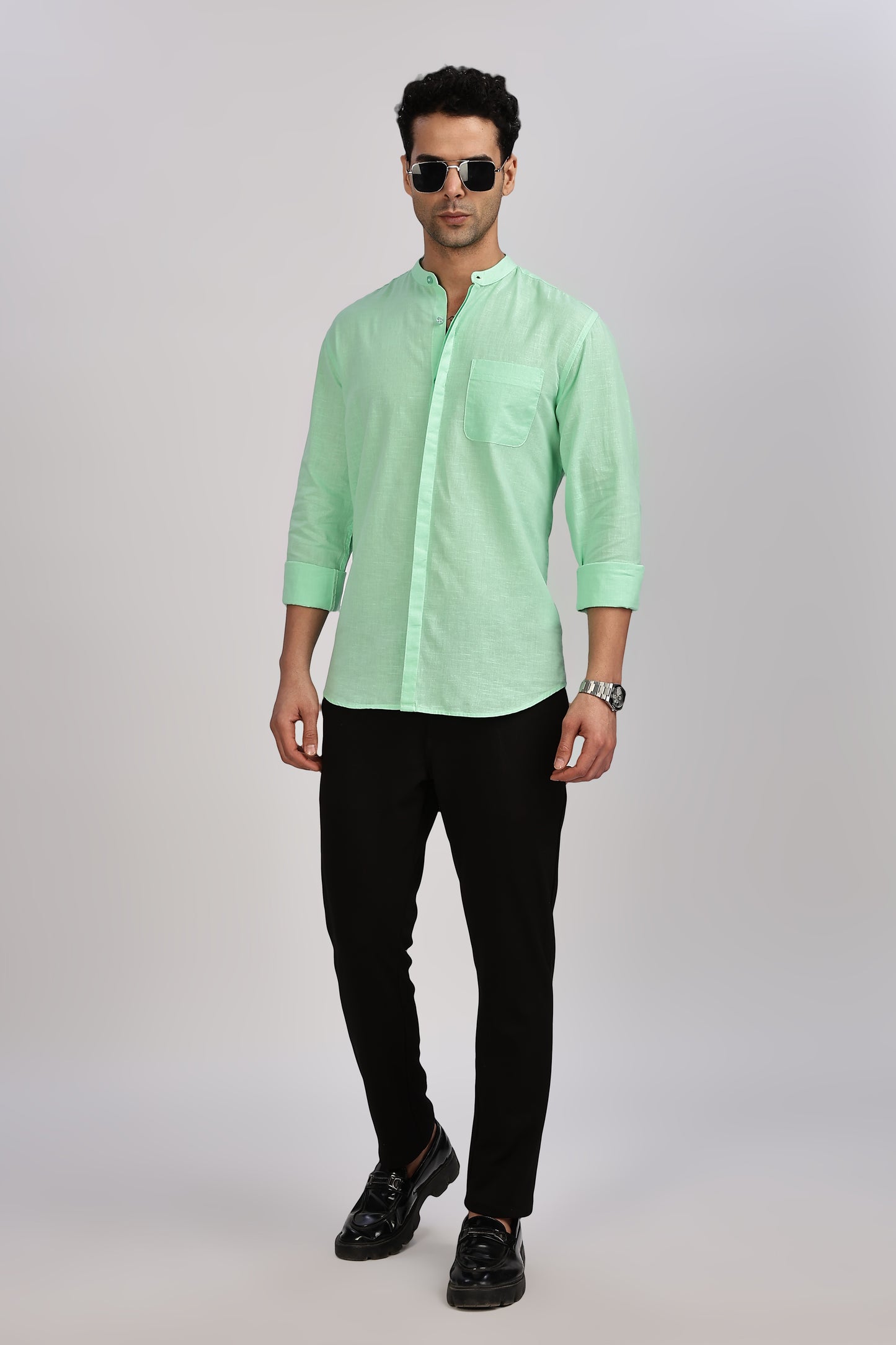 Sea Green Mandarin Collar Linen Shirt