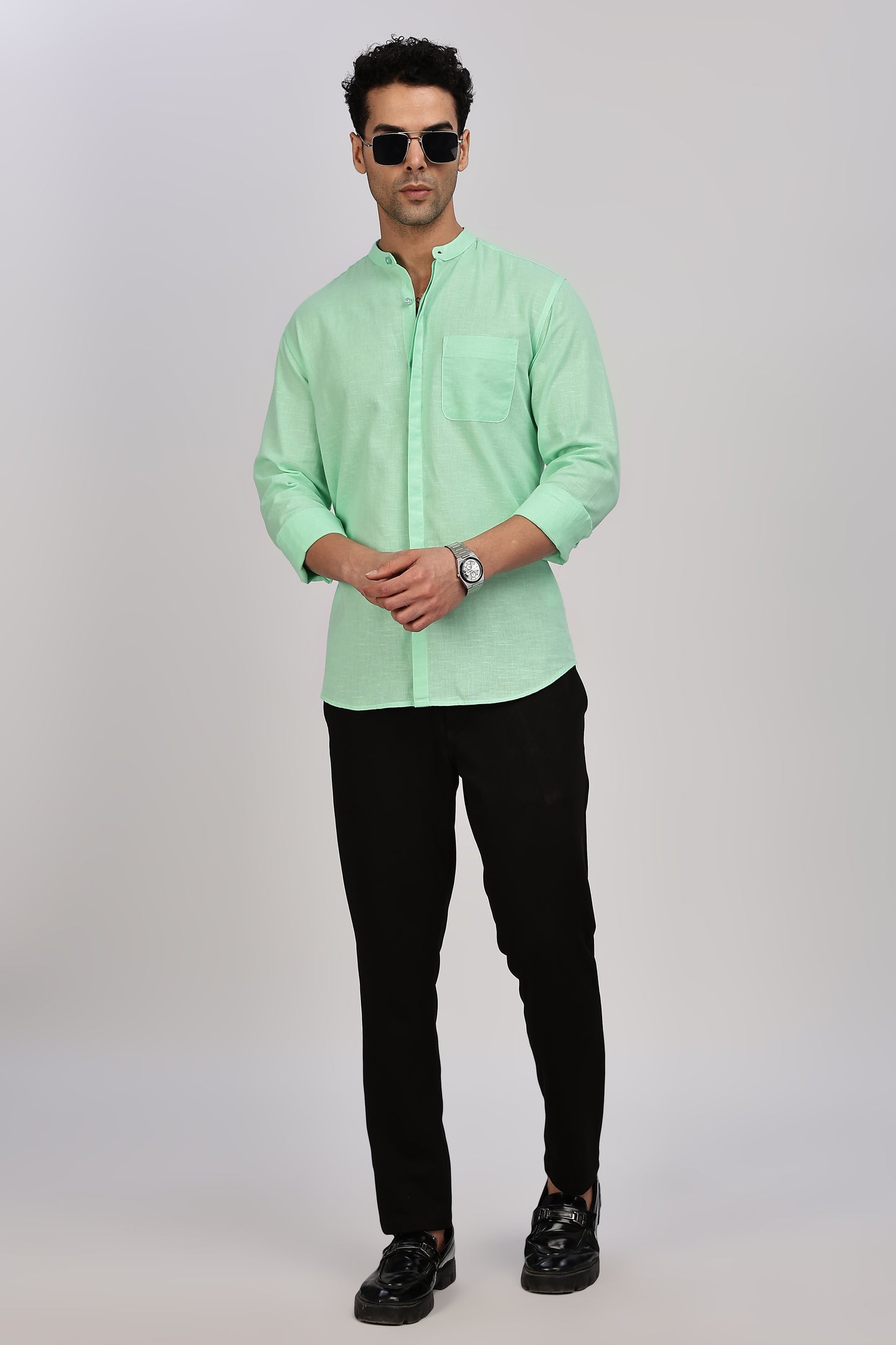 Sea Green Mandarin Collar Linen Shirt