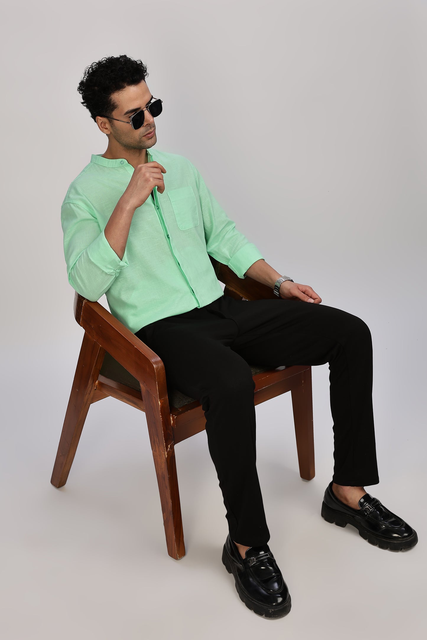 Sea Green Mandarin Collar Linen Shirt