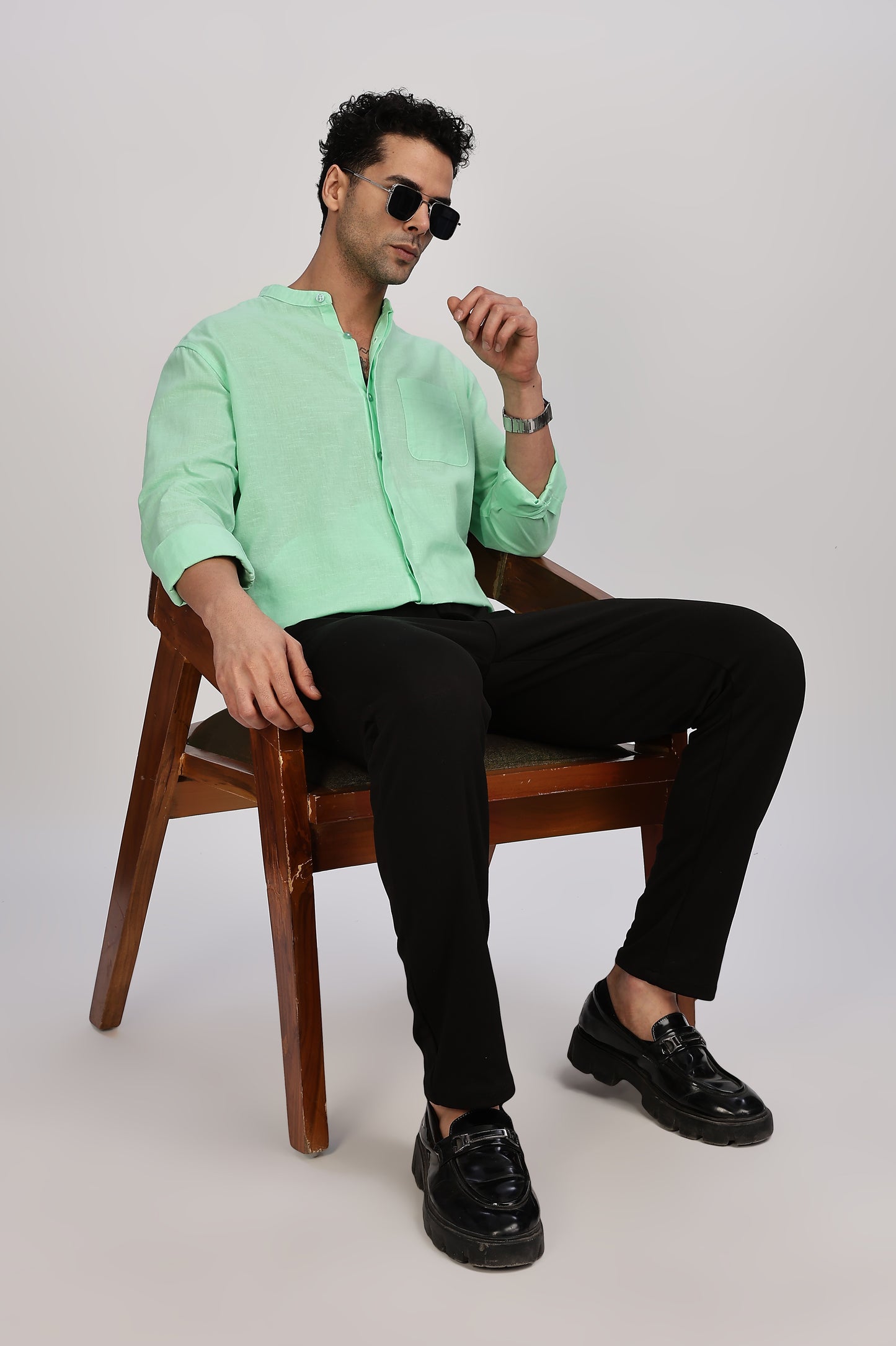 Sea Green Mandarin Collar Linen Shirt