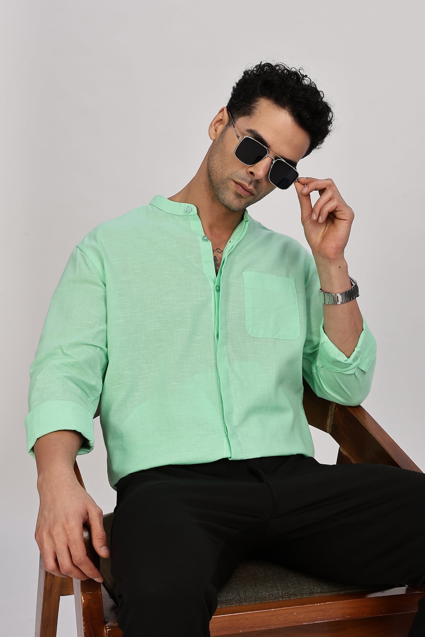Sea Green Mandarin Collar Linen Shirt