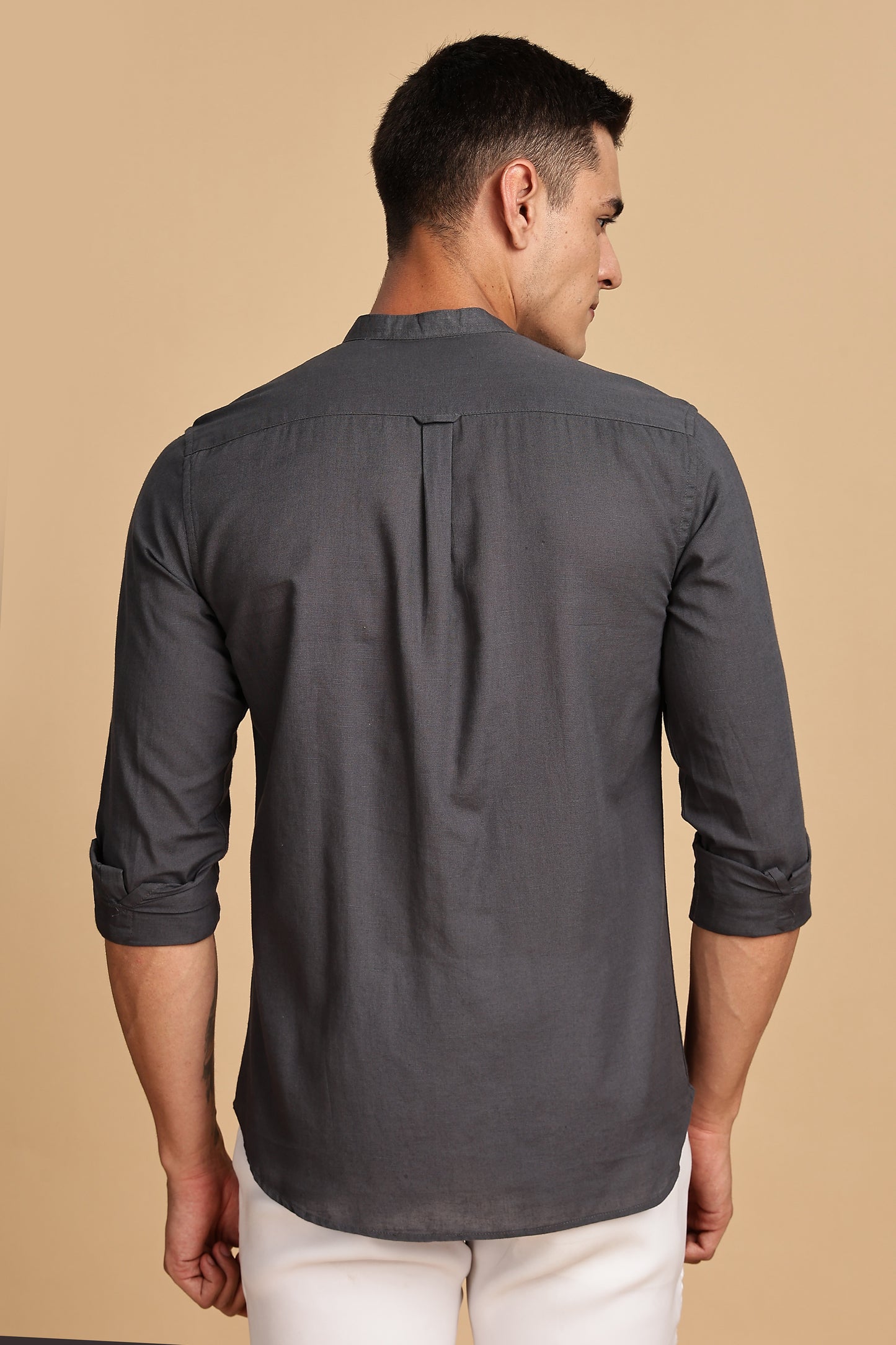 Dark Grey Mandarin Collar Linen Shirt