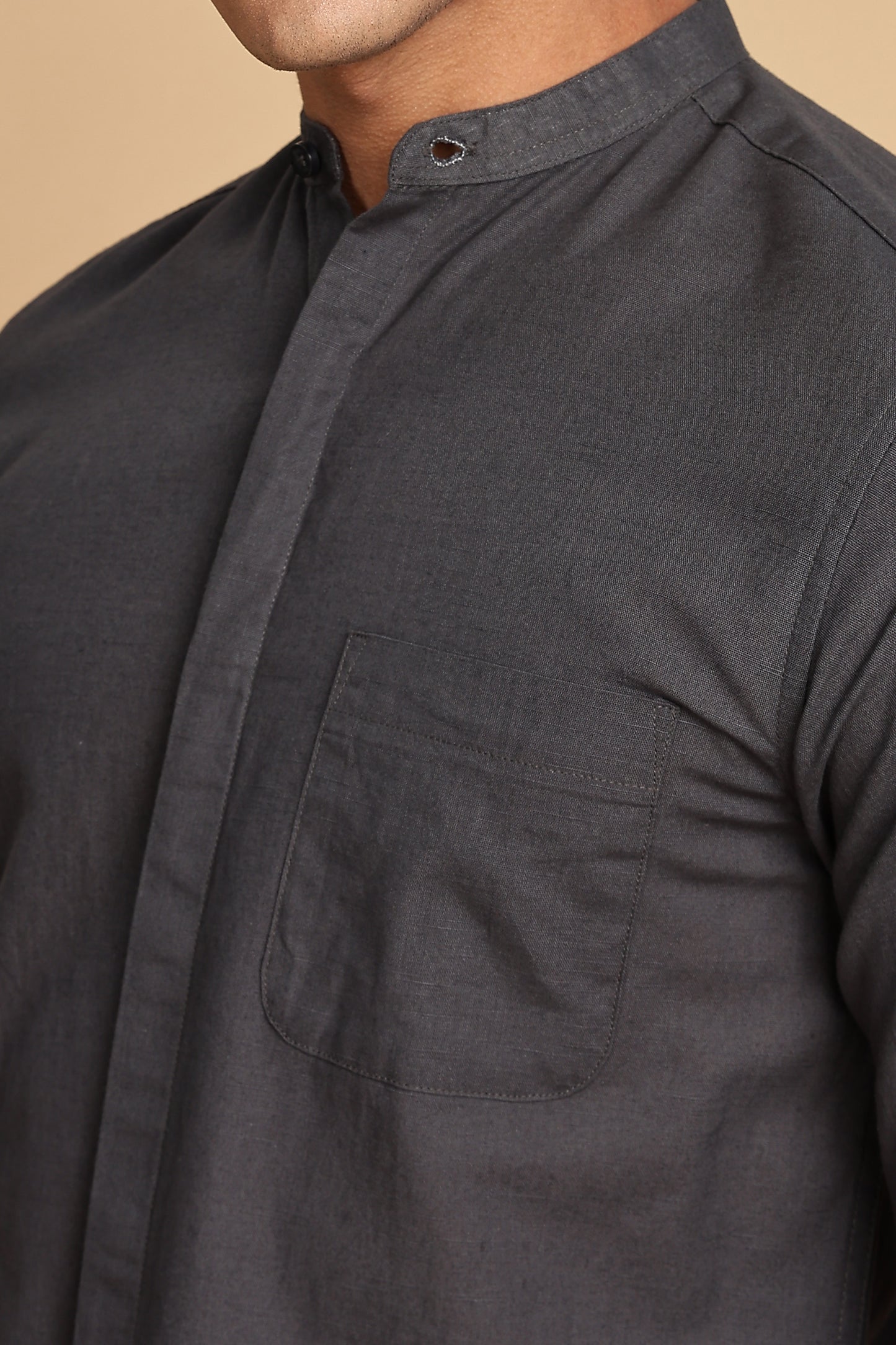Dark Grey Mandarin Collar Linen Shirt