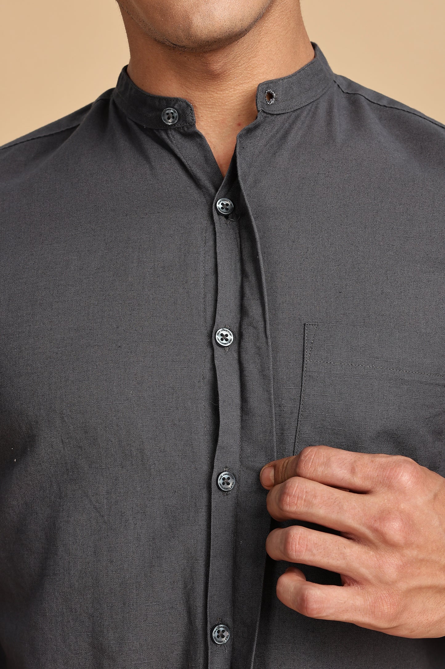 Dark Grey Mandarin Collar Linen Shirt