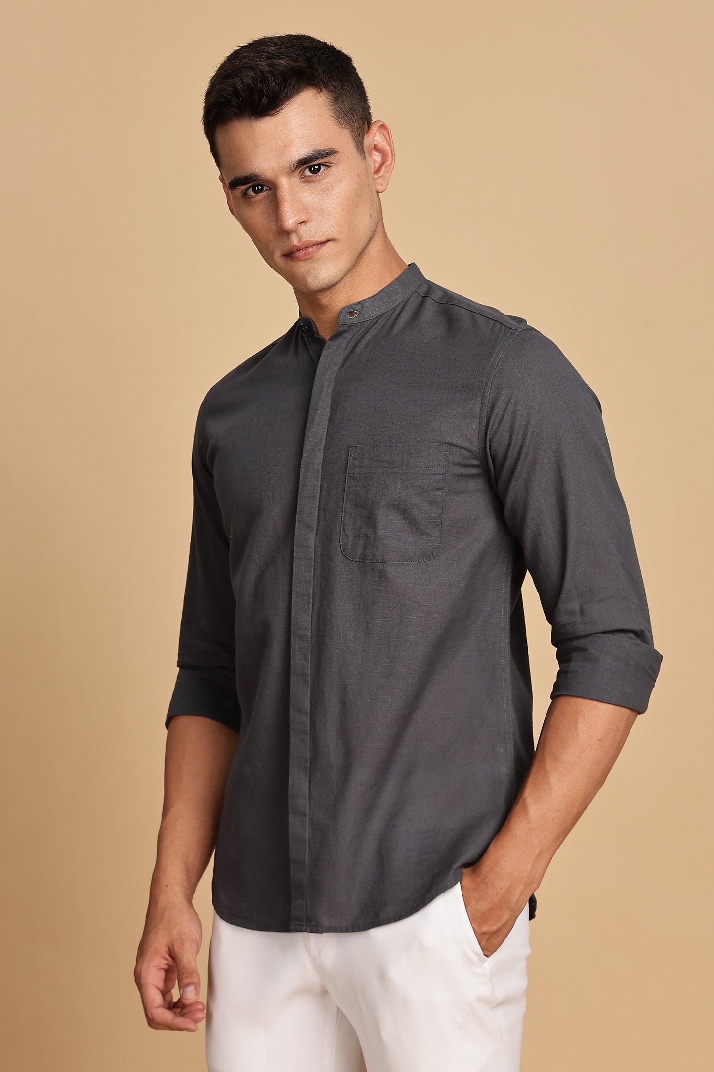 Dark Grey Mandarin Collar Linen Shirt