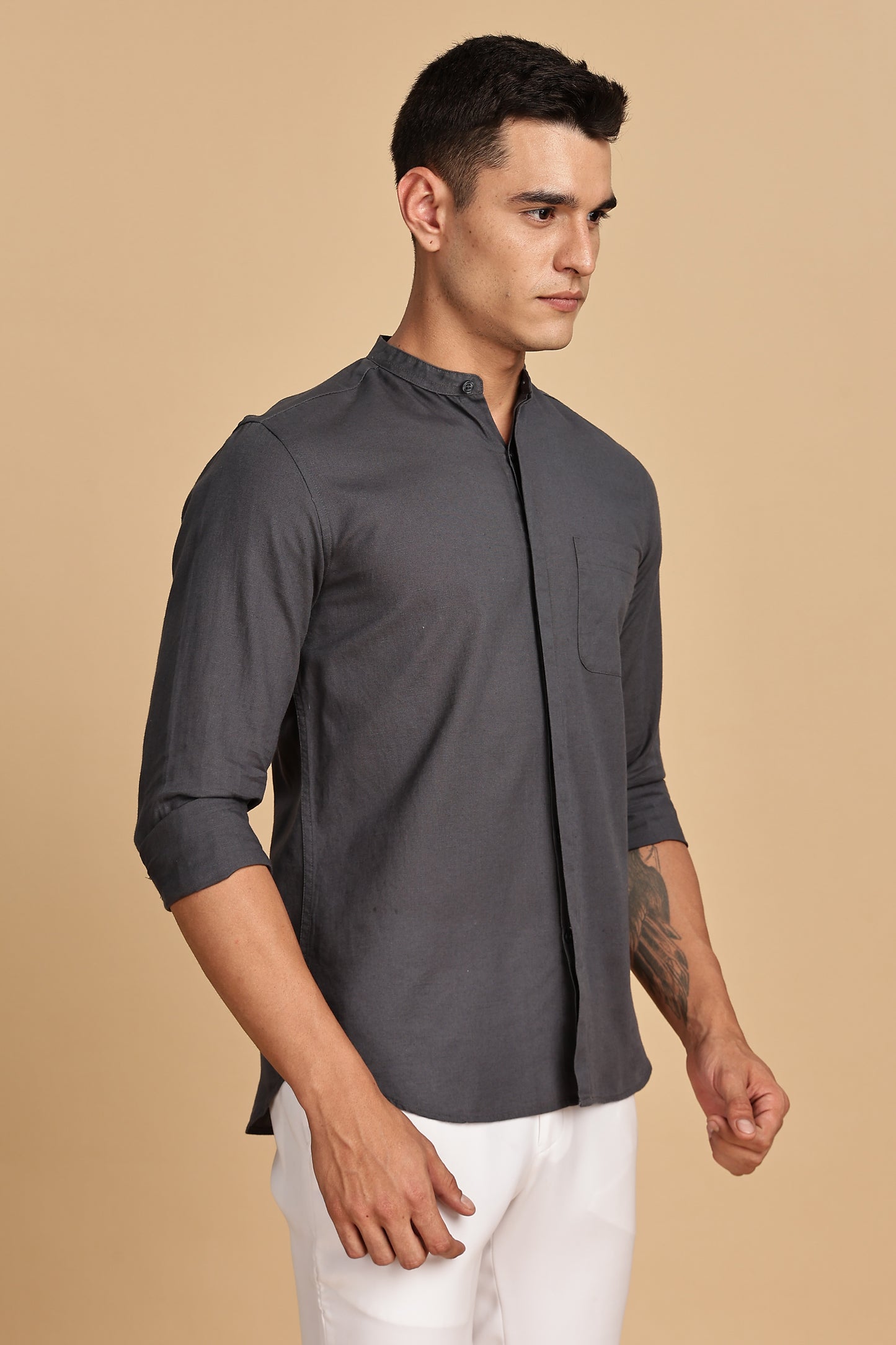 Dark Grey Mandarin Collar Linen Shirt
