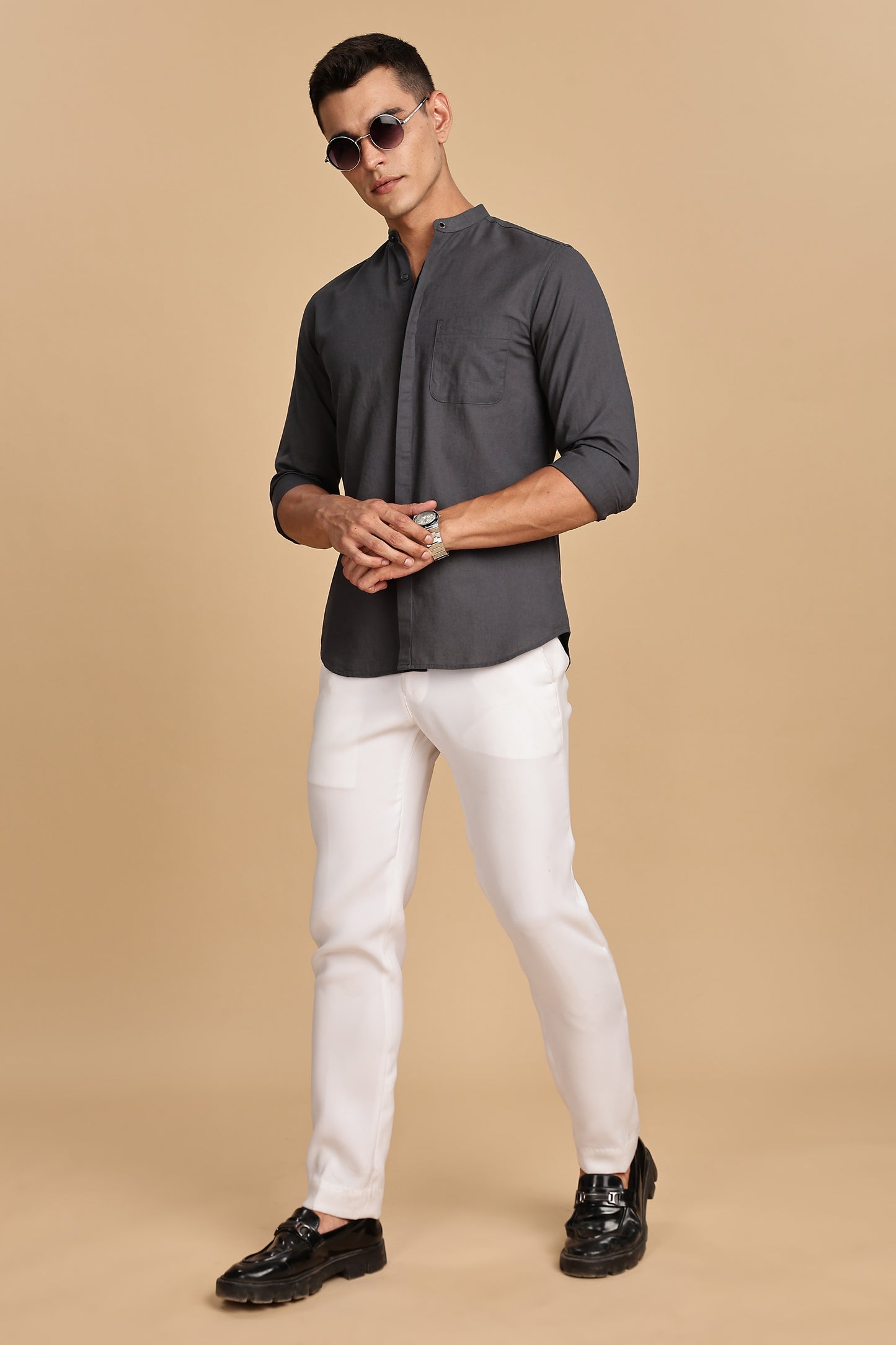 Dark Grey Mandarin Collar Linen Shirt