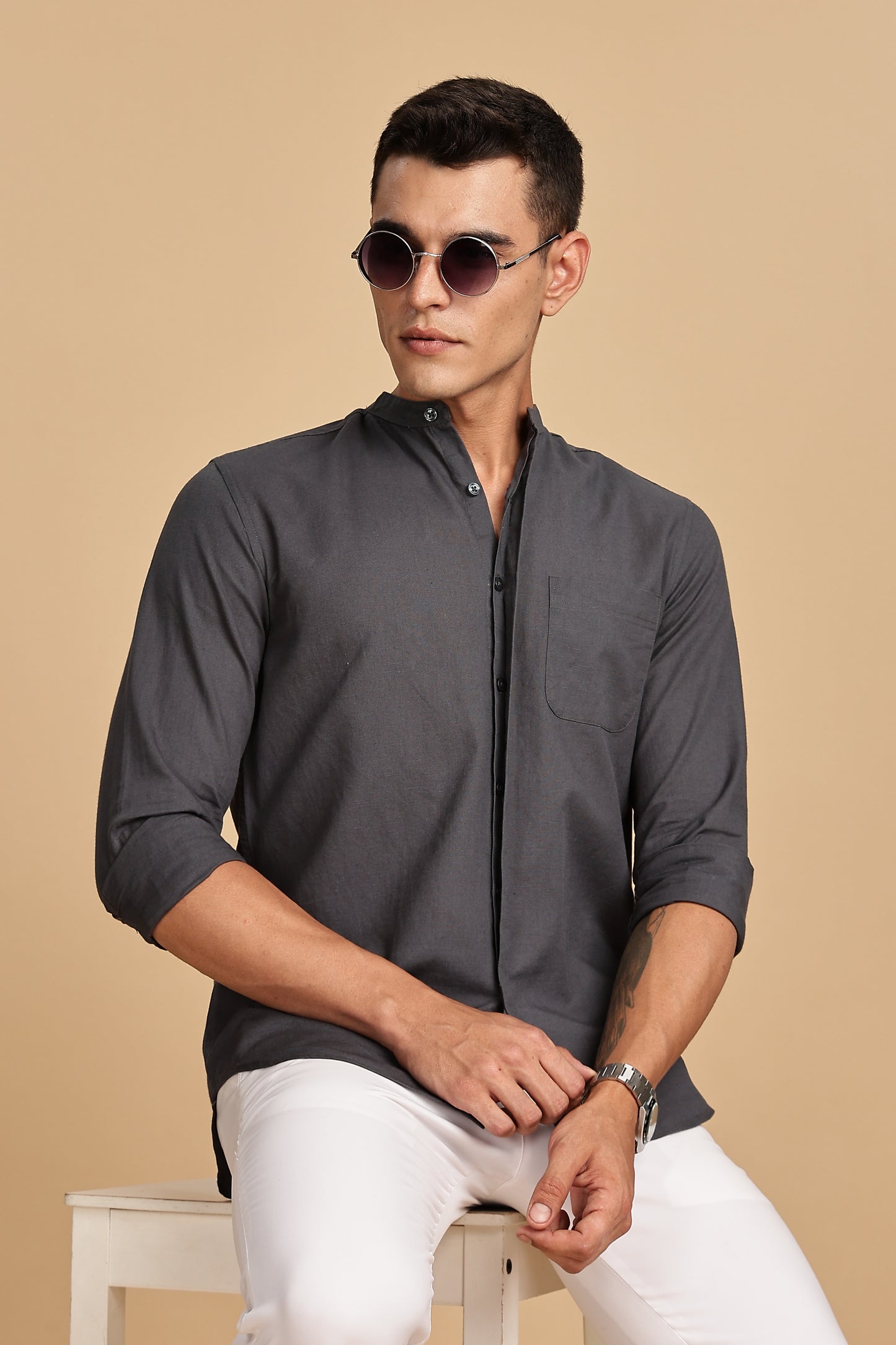 Dark Grey Mandarin Collar Linen Shirt
