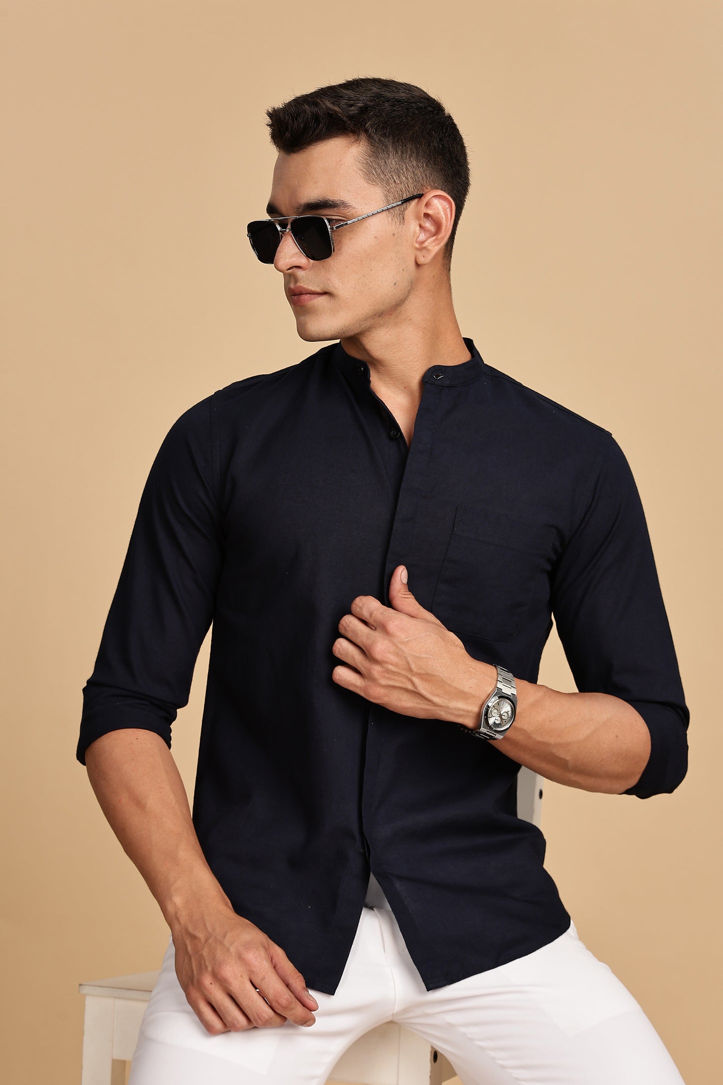 Navy Blue Mandarin Collar Linen Shirt