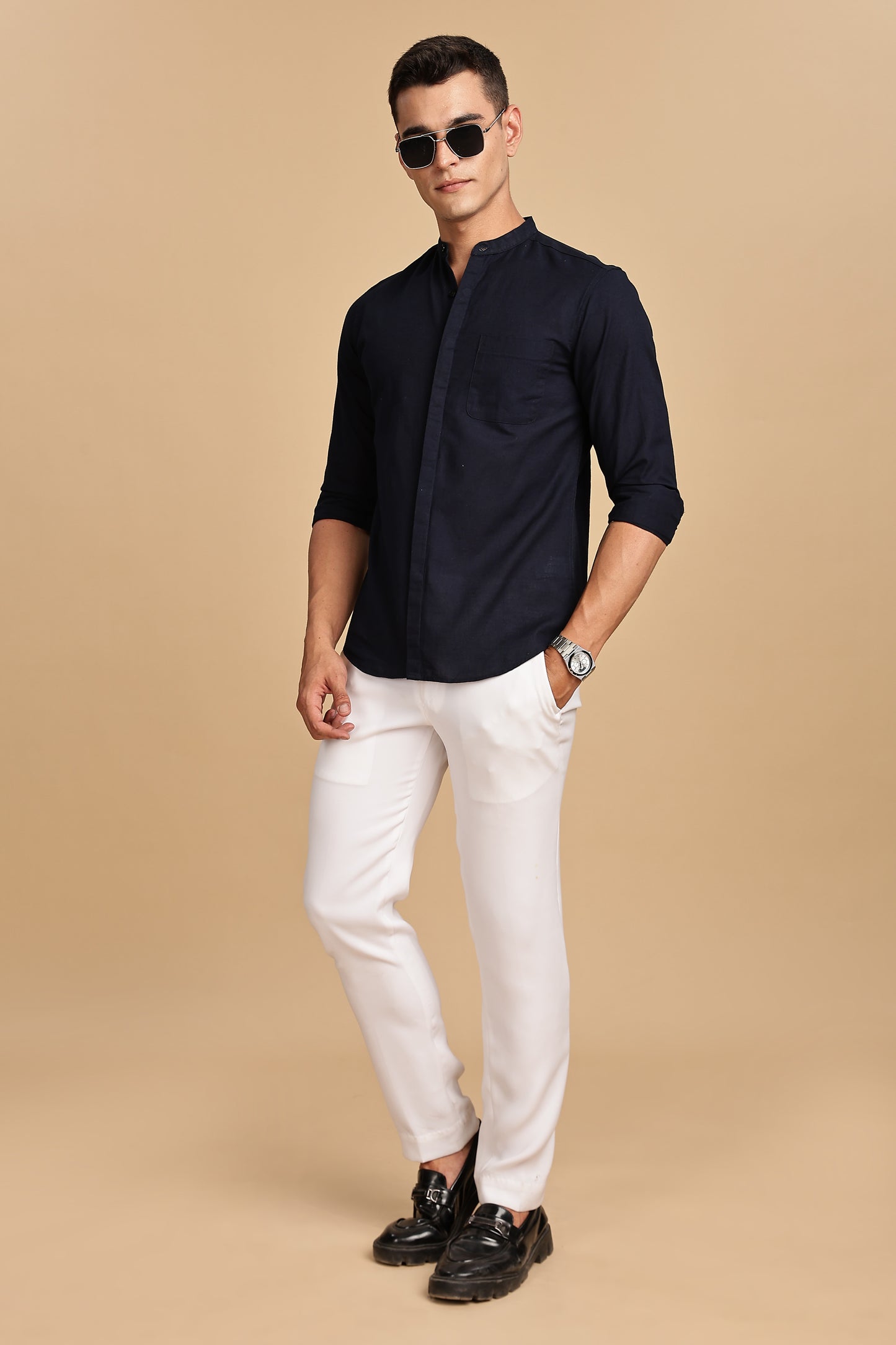 Navy Blue Mandarin Collar Linen Shirt