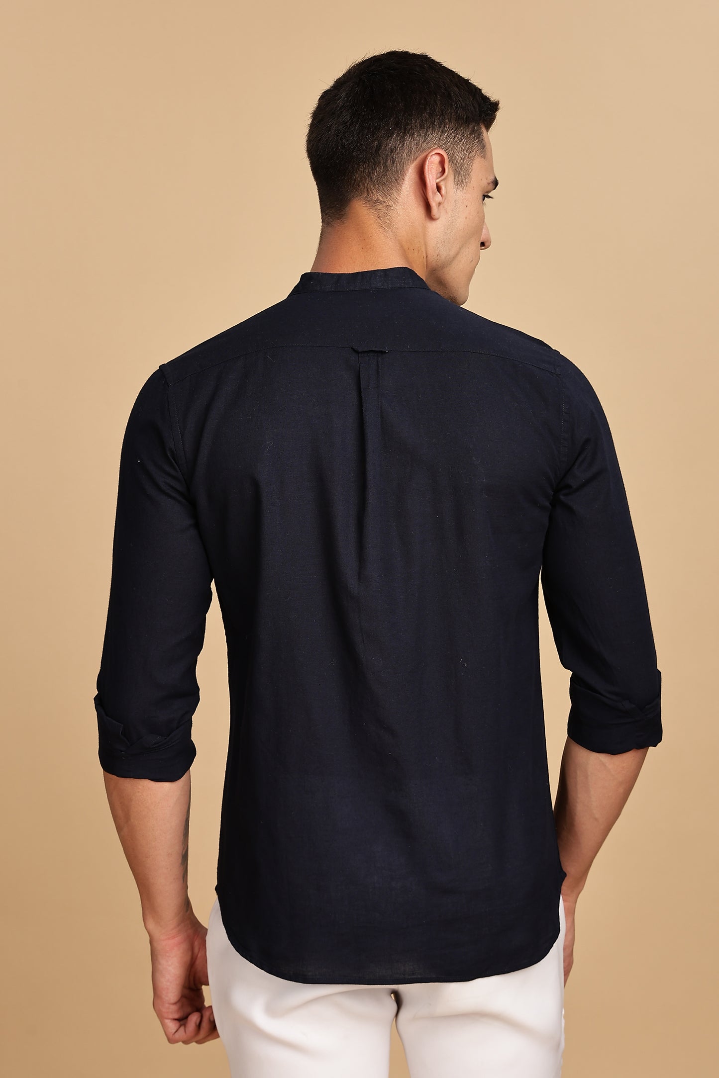 Navy Blue Mandarin Collar Linen Shirt
