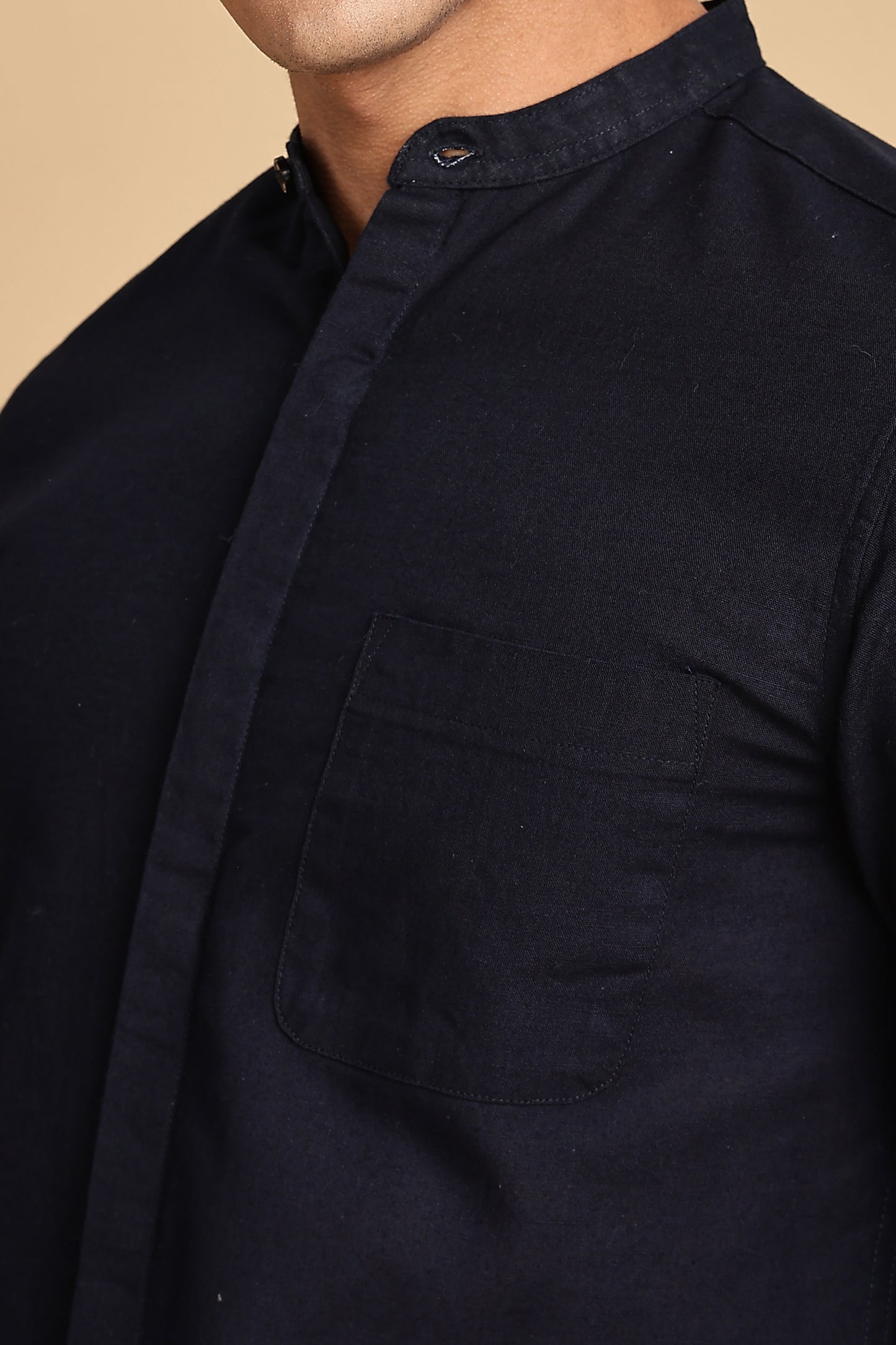 Navy Blue Mandarin Collar Linen Shirt