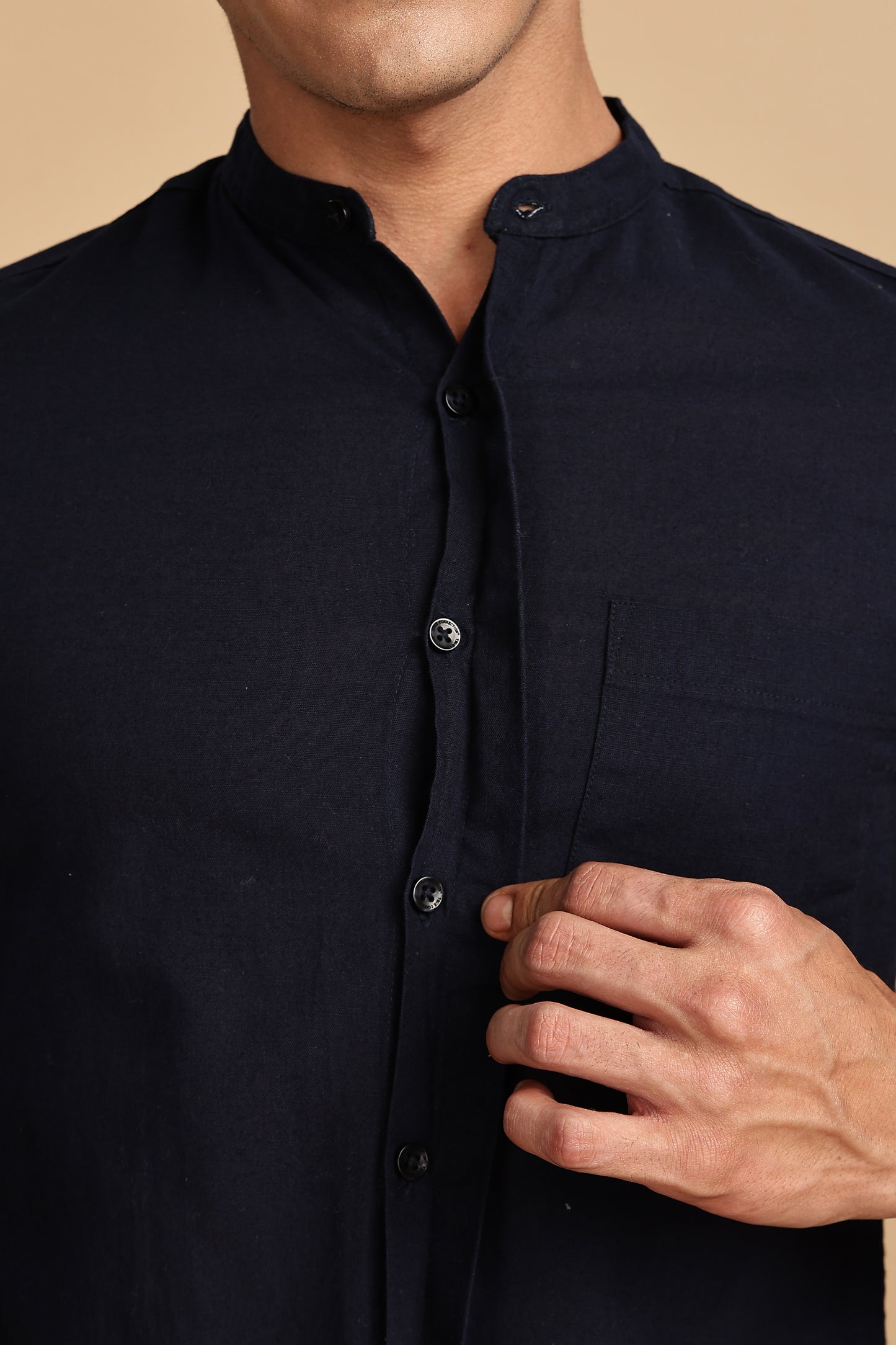 Navy Blue Mandarin Collar Linen Shirt
