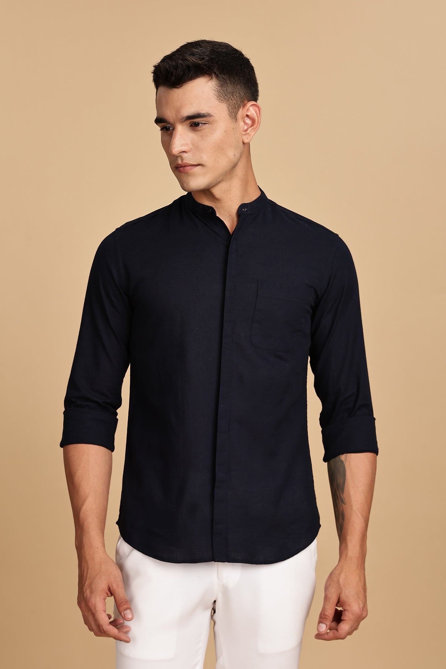 Navy Blue Mandarin Collar Linen Shirt