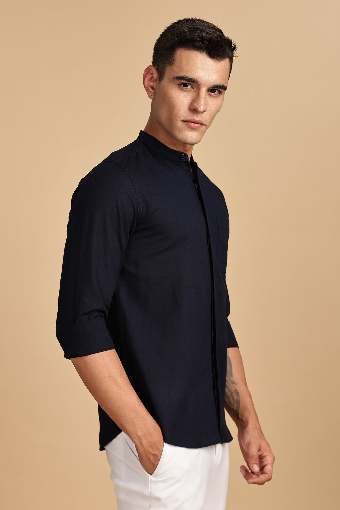 Navy Blue Mandarin Collar Linen Shirt