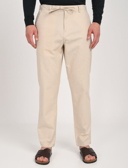 Men's Nova Cream Linen Blend Trouser, perfect for casual wear and lounging, featuring a comfortable regular fit.