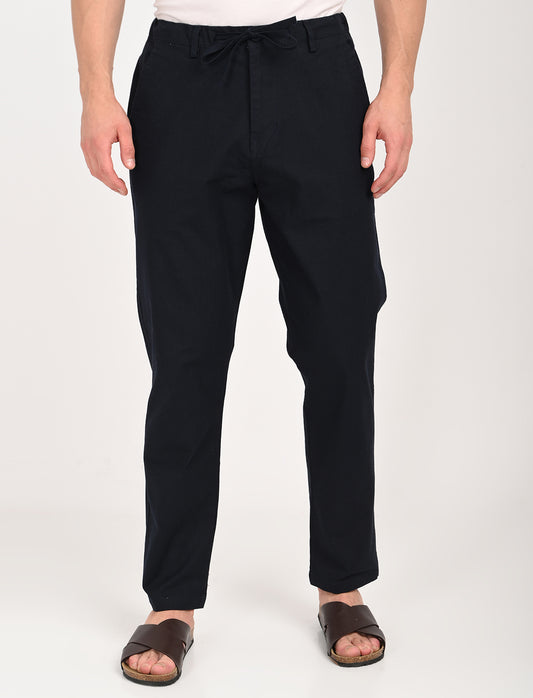 Men's navy blue linen blend trousers for casual, college, and street wear, featuring a comfortable regular fit.
